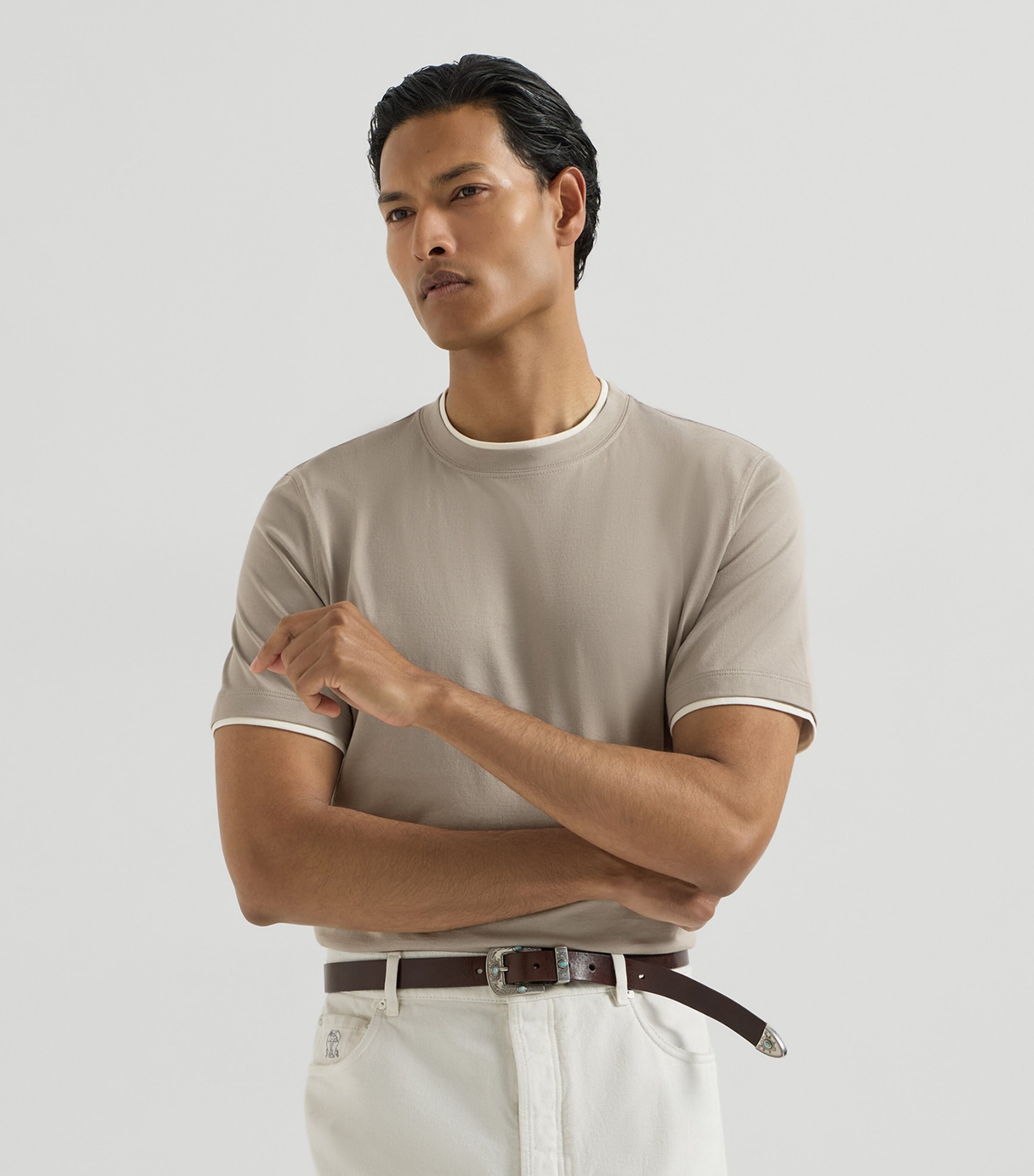 Brunello Cucinelli Mens Cotton Faux-Layer T-Shirt Grey+white Image 2