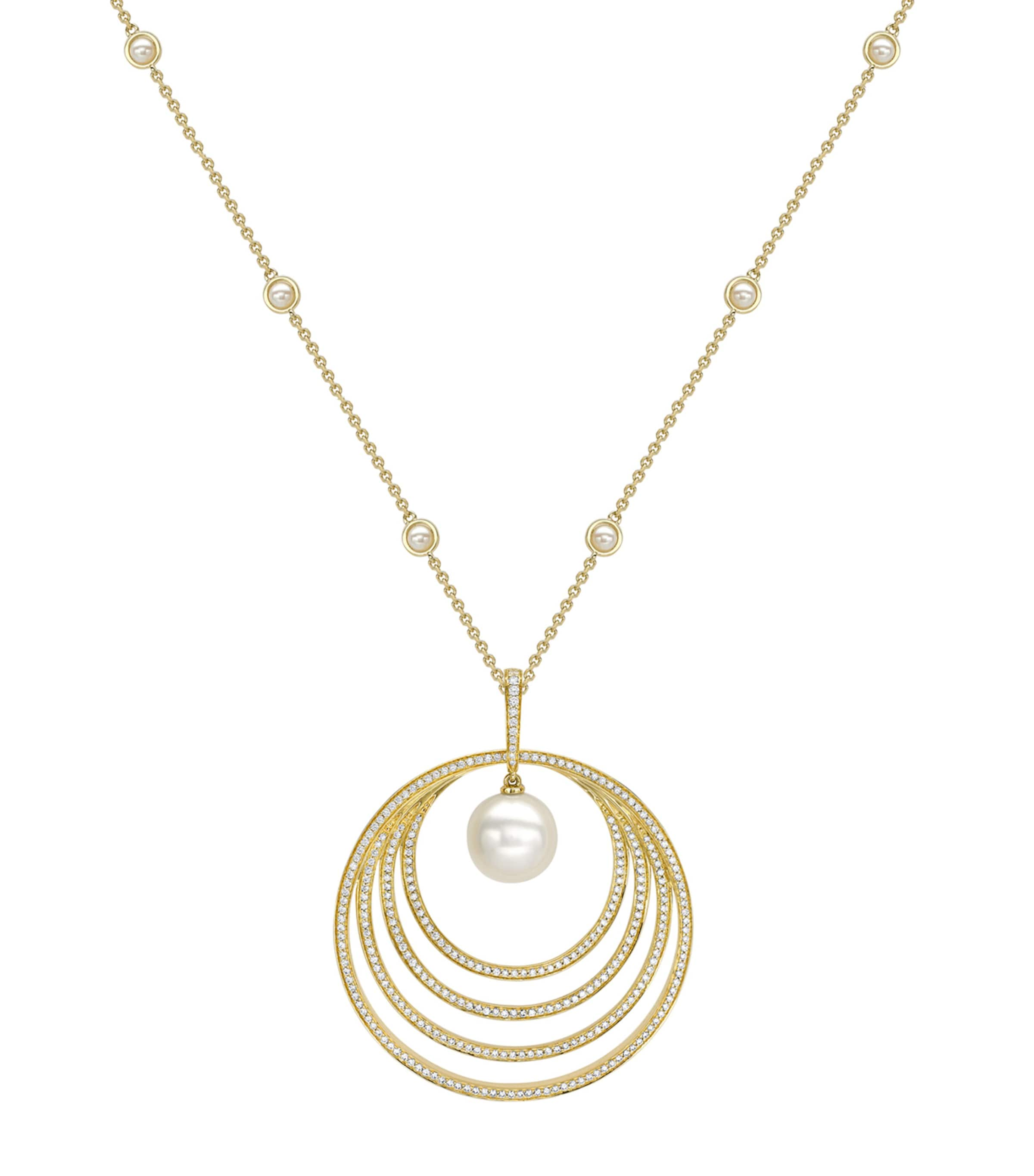 BOODLES YELLOW GOLD, DIAMOND AND PEARL ROULETTE PENDANT NECKLACE 