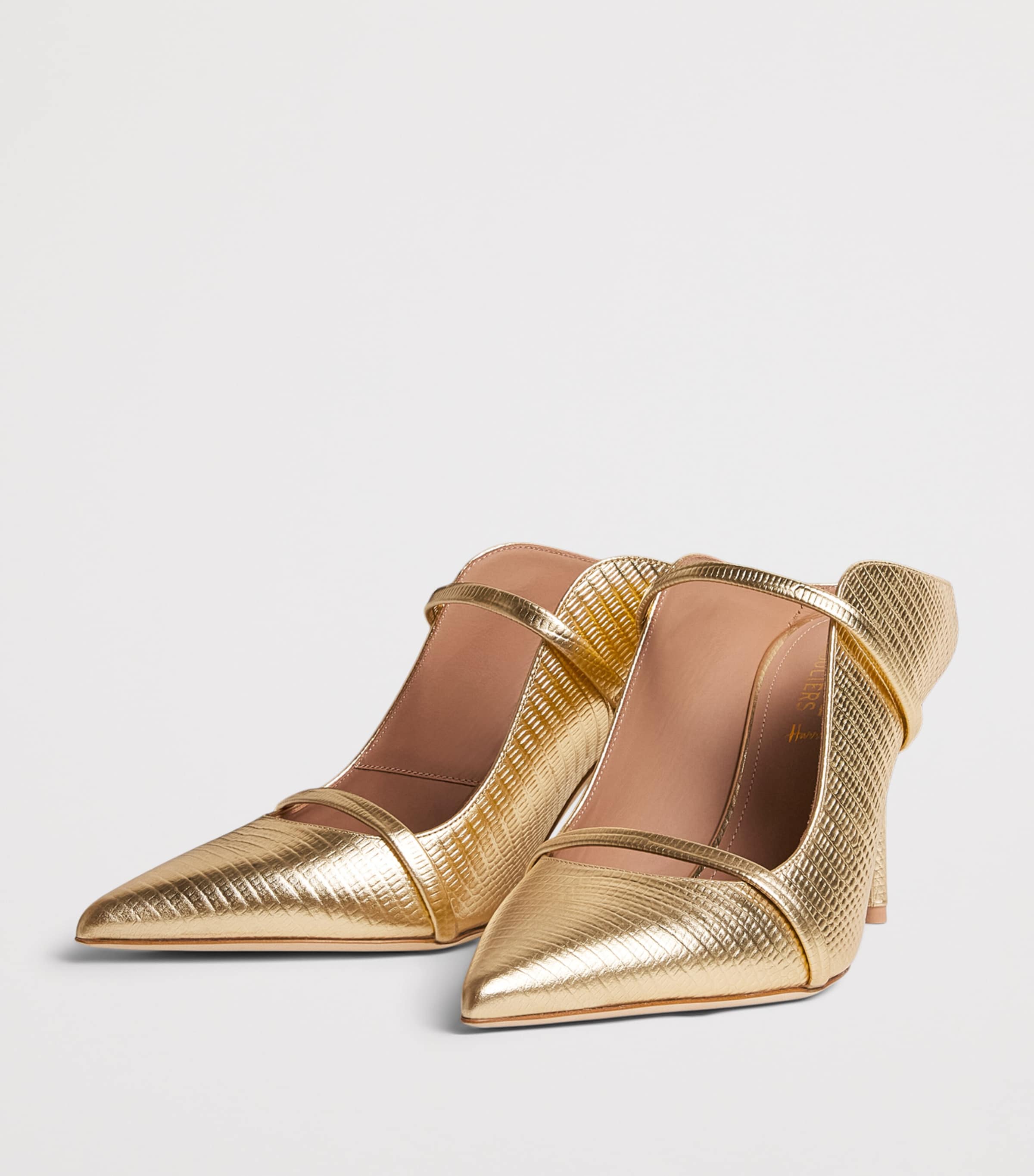 Malone Souliers x Harrods Exclusive Metallic Leather Embossed Maureen Mules 85 Antique Gold Image 3