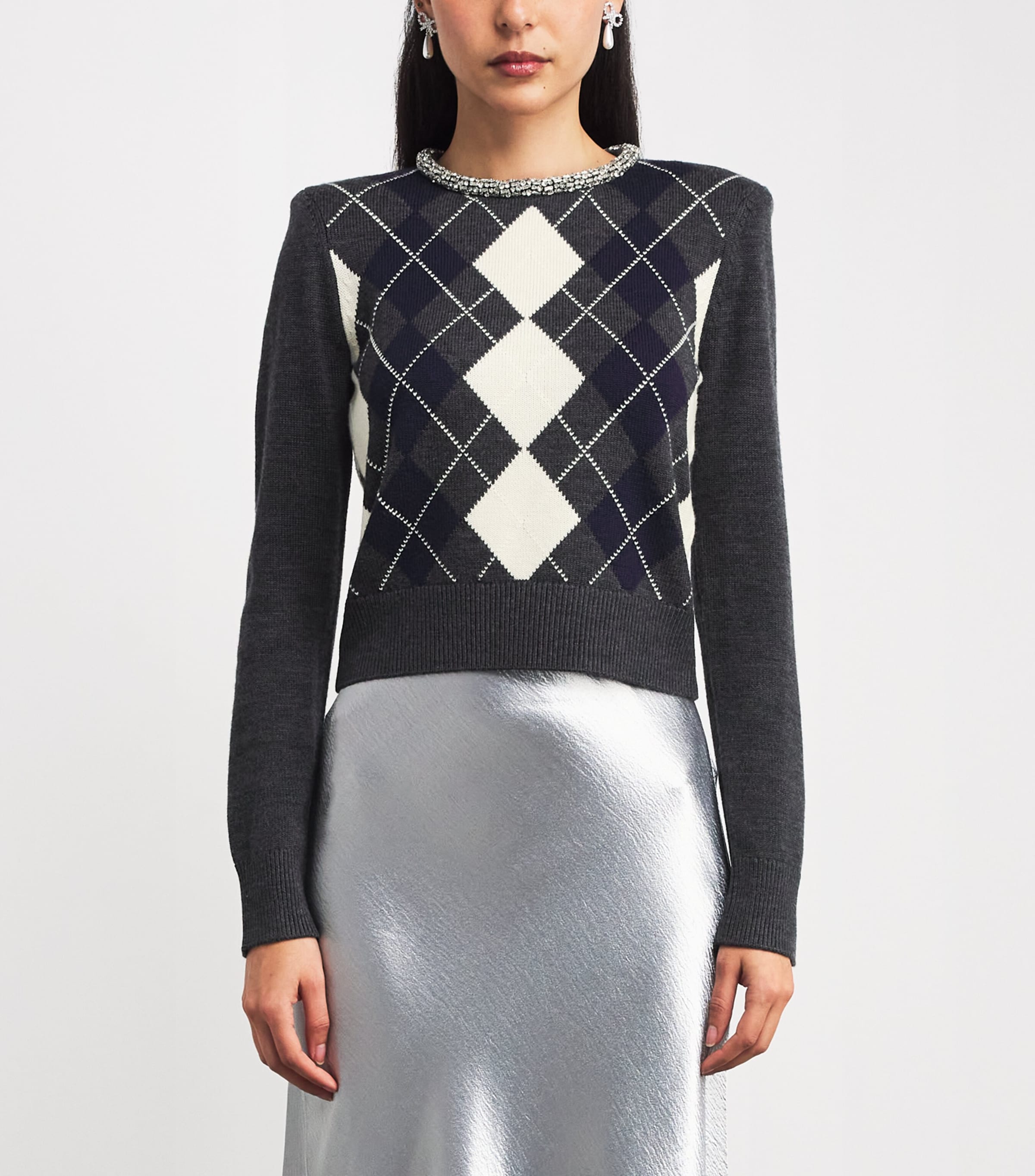 Wool Embellished Argyle Sweater GREY Image 3