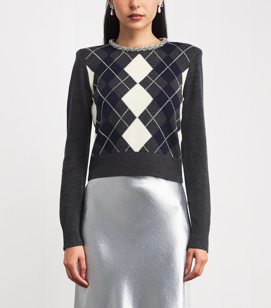 Wool Embellished Argyle Sweater GREY Image 3