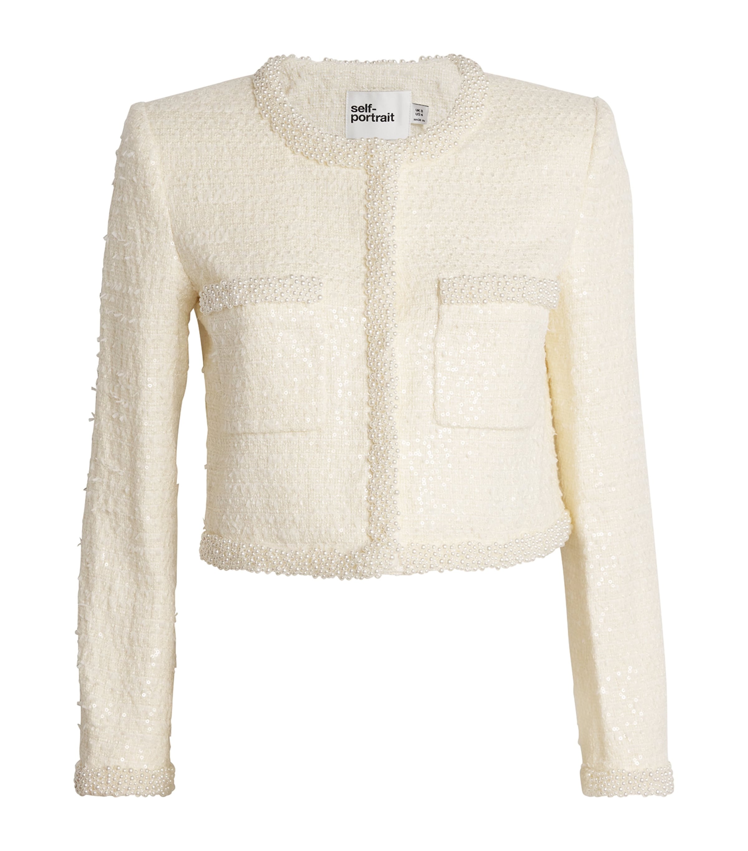 Shop Self-portrait Bouclé Pearl-trim Jacket In Ivory