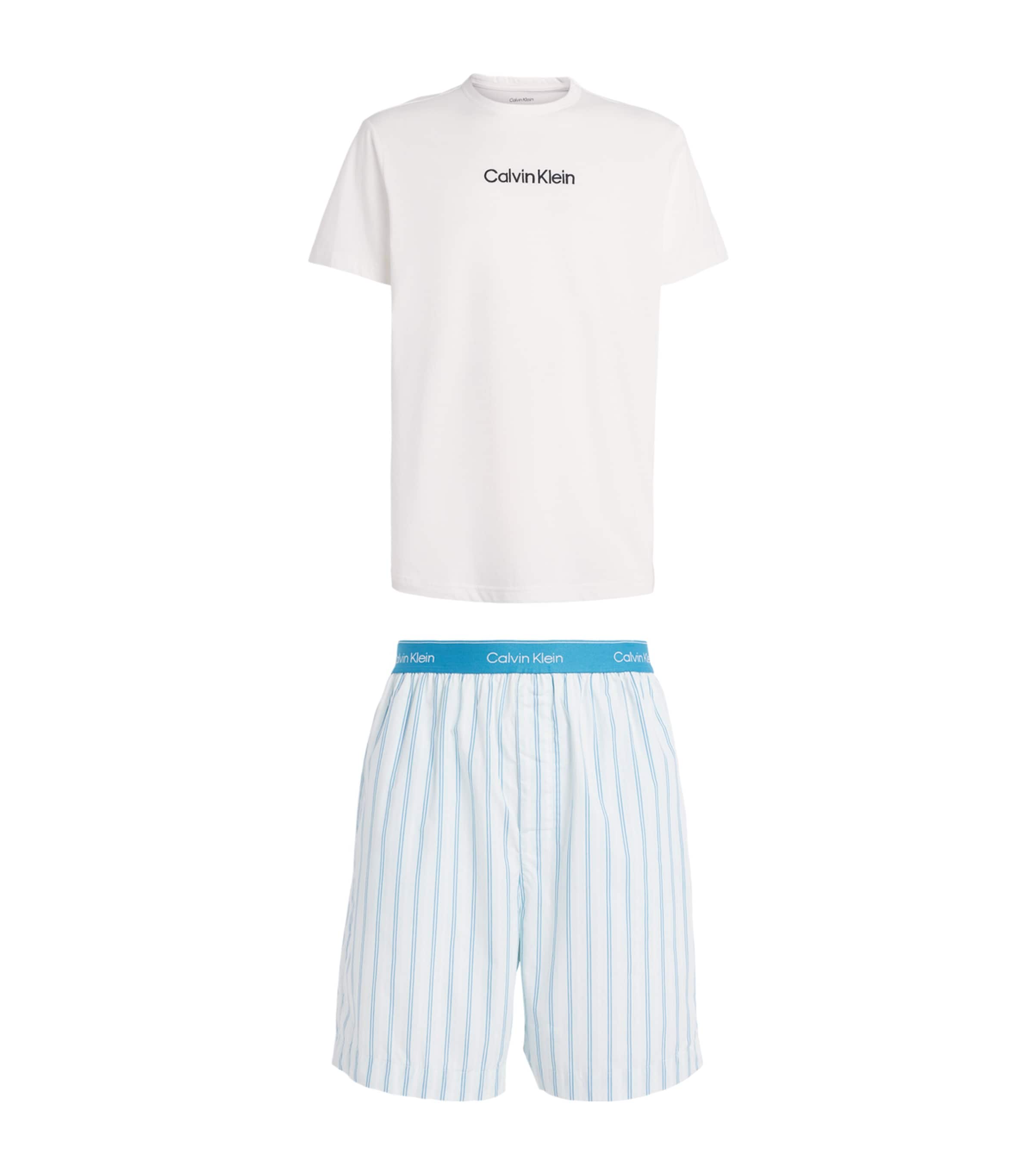 Calvin Klein Mens Cotton T-Shirt and Shorts Pyjama Set Wht/stripe Mist Image 1