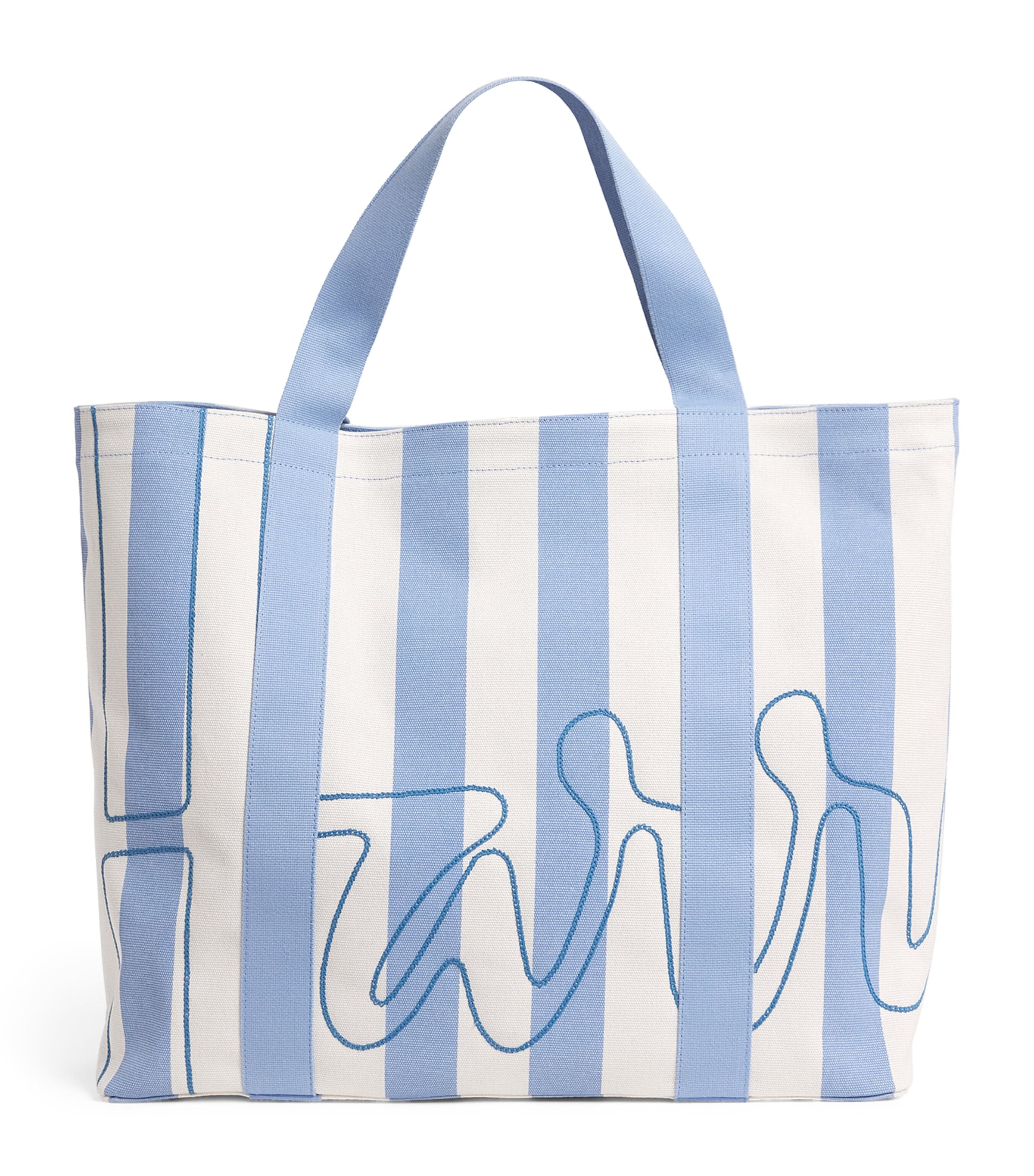 Large Cotton Stripe Logo Tote Bag BLUE Image 1