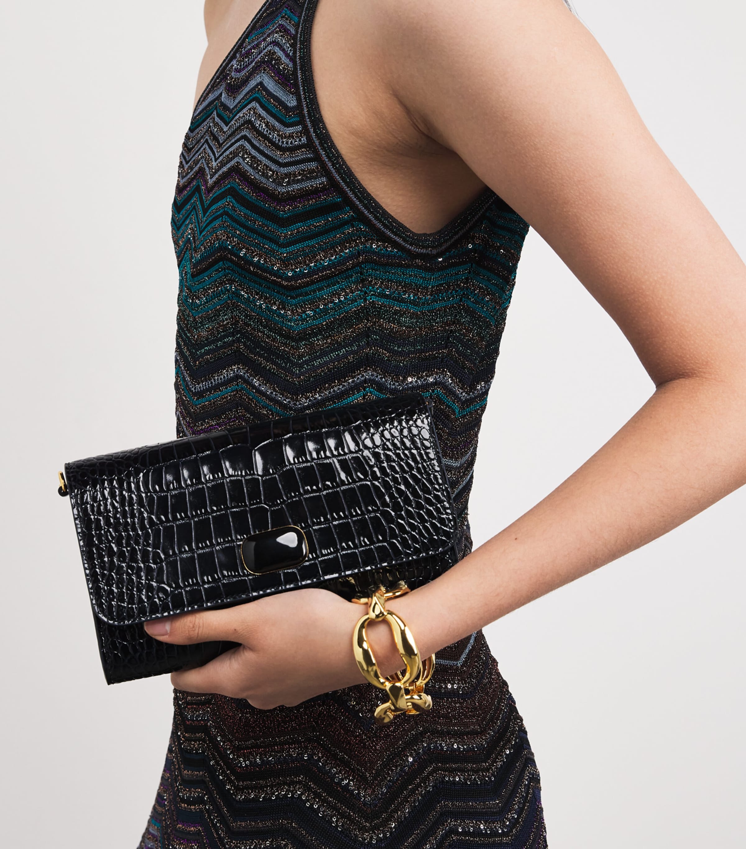 Leather Croc-Embossed Clutch Bag NAVY STAMPED CROC Image 2