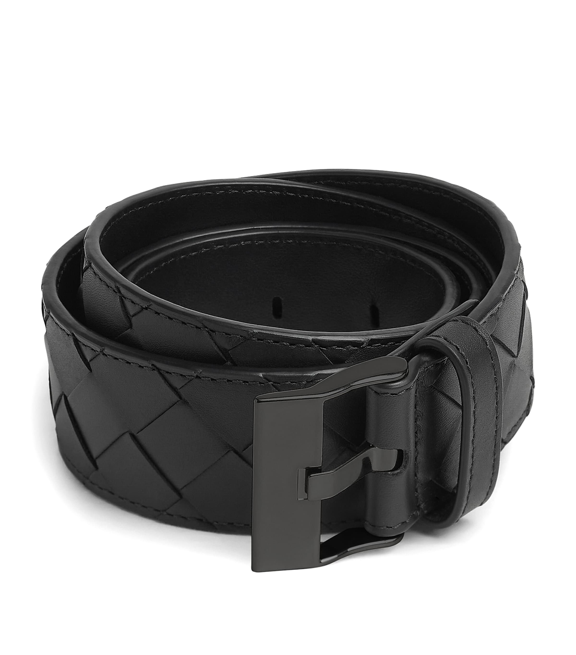 Bottega Veneta Leather Intrecciato Watch Buckle Belt In Black