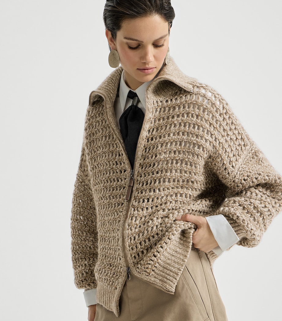 Brunello Cucinelli Womens Wool-Cashmere-Blend Embellished Cardigan Beige+brown Image 4