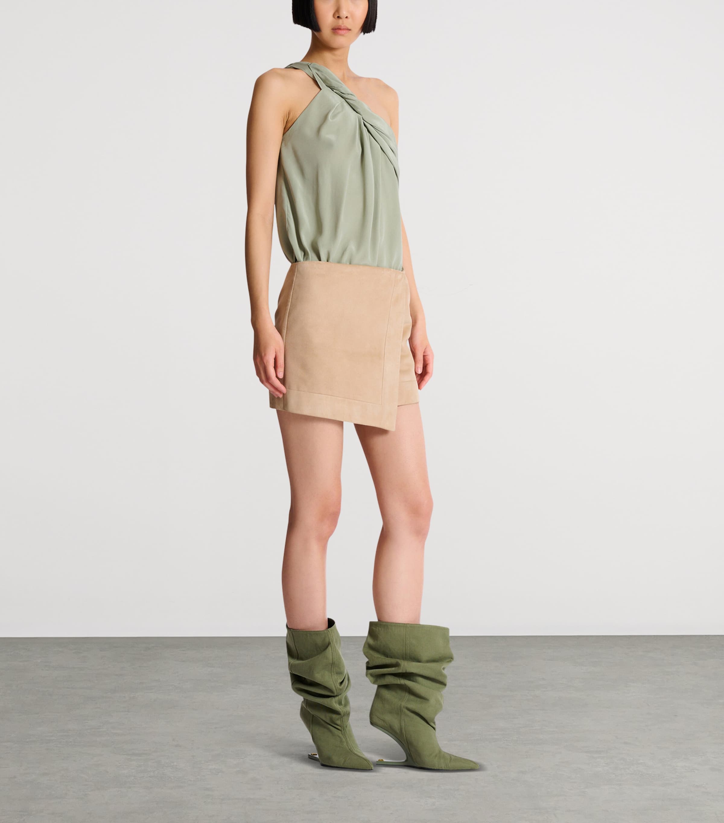 Balmain Womens Suede Wrap Mini Skirt Sable Image 4