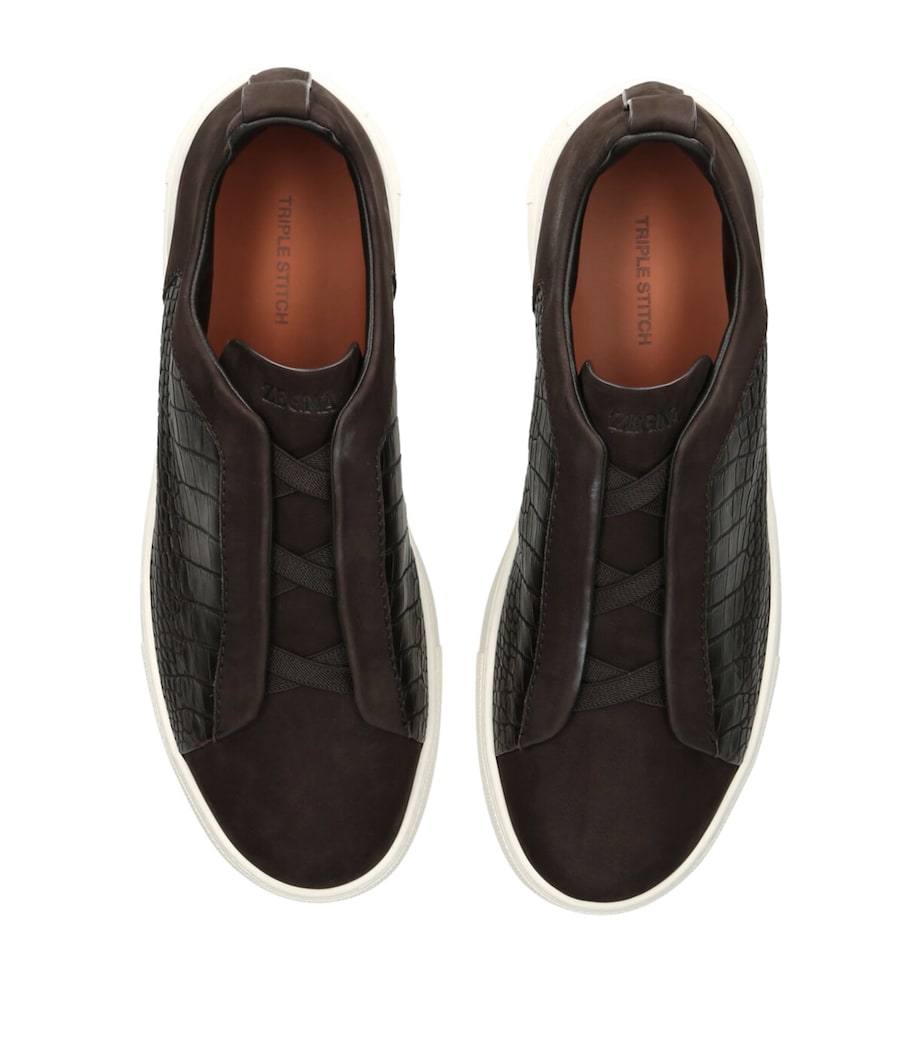 Zegna Leather-Cashmere Triple Stitch SECONDSKIN Sneakers Dark Brown Image 4