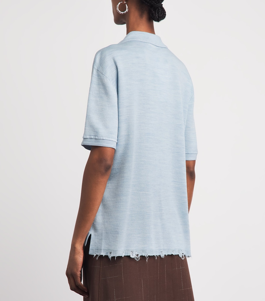 Tory Burch Womens Silk-Blend Distressed Polo Shirt Light Blue Image 5