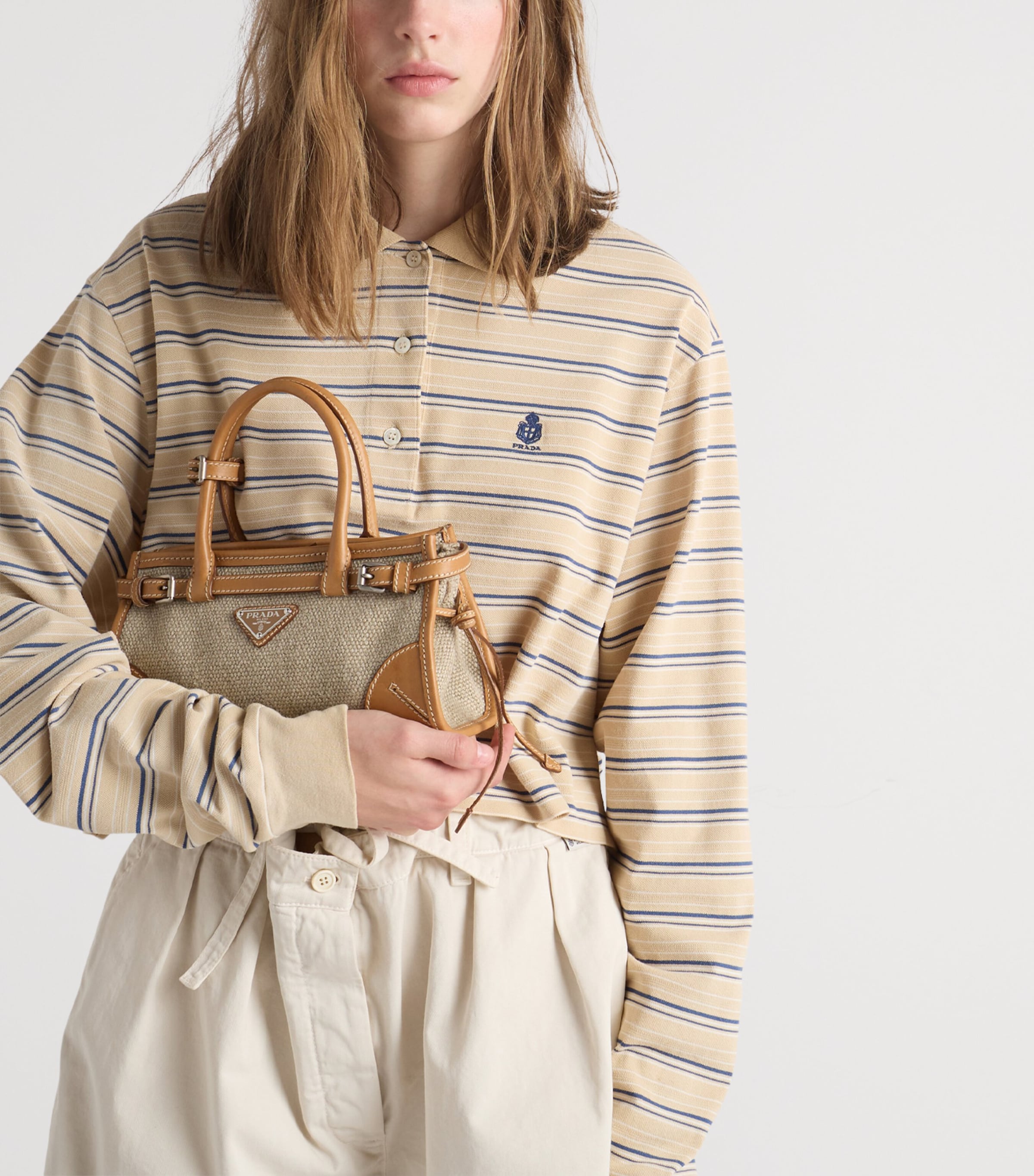 Prada Small Linen-Leather Bonnie Top-Handle Bag Neutral Image 2