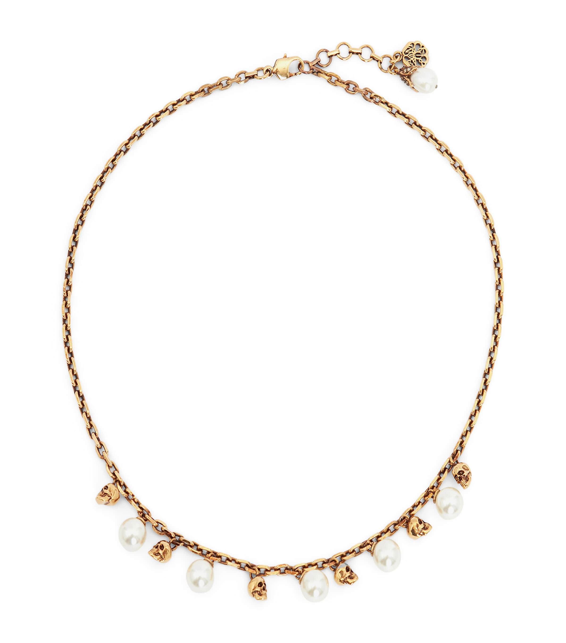 Alexander Mcqueen Skull And Faux Pearl Necklace In Gold