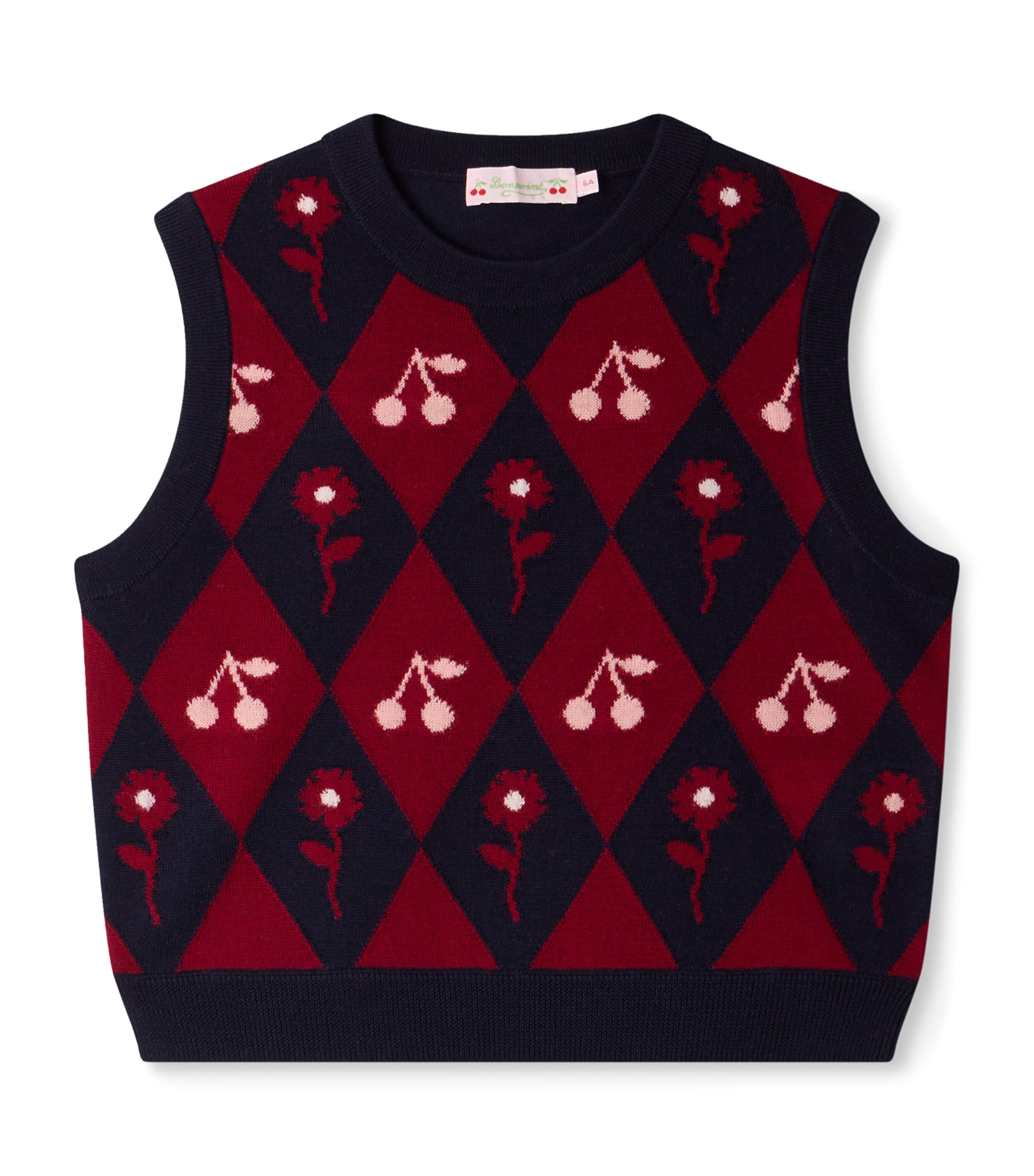 Bonpoint Wool Cherry Argyle Sweater Vest (4-8 Years) Marine
