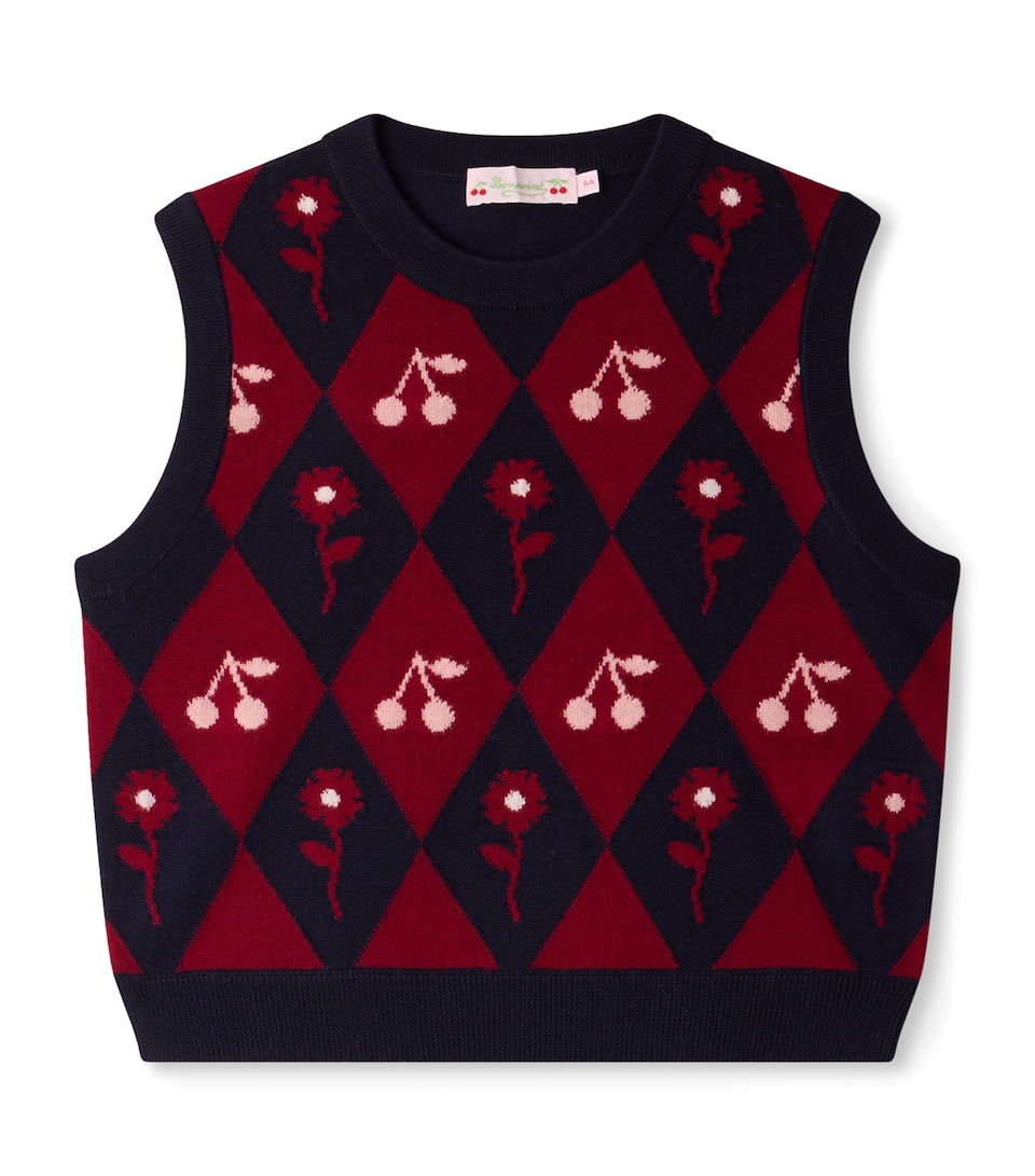 Bonpoint Wool Cherry Argyle Sweater Vest (4-8 Years) Marine
