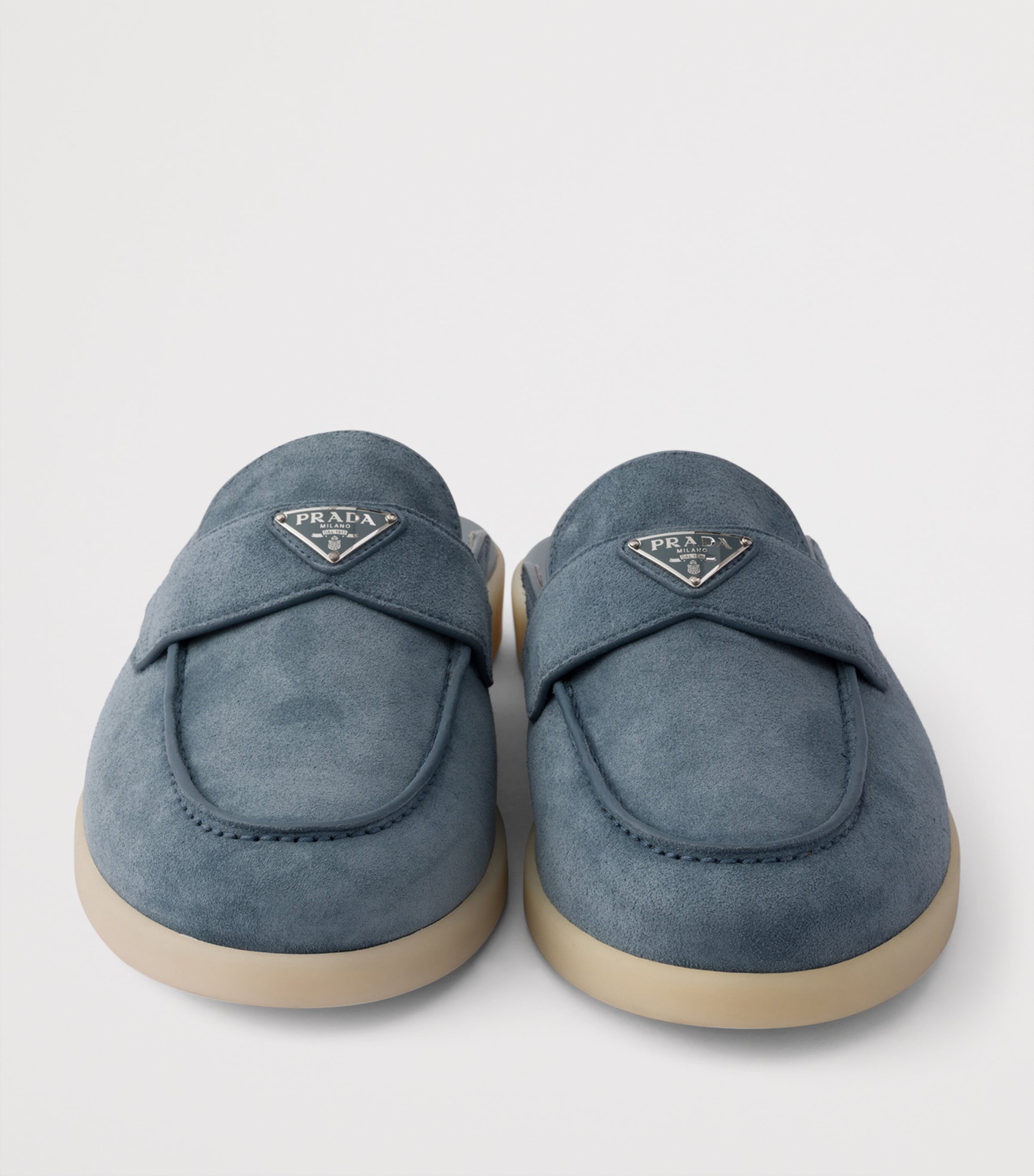 Prada Suede Triangle Mules Blue Image 6
