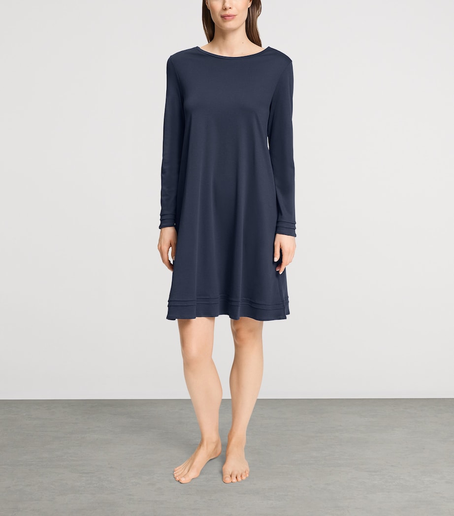 Hanro Womens Cotton Long-Sleeve Nightdress Deep Navy Image 4