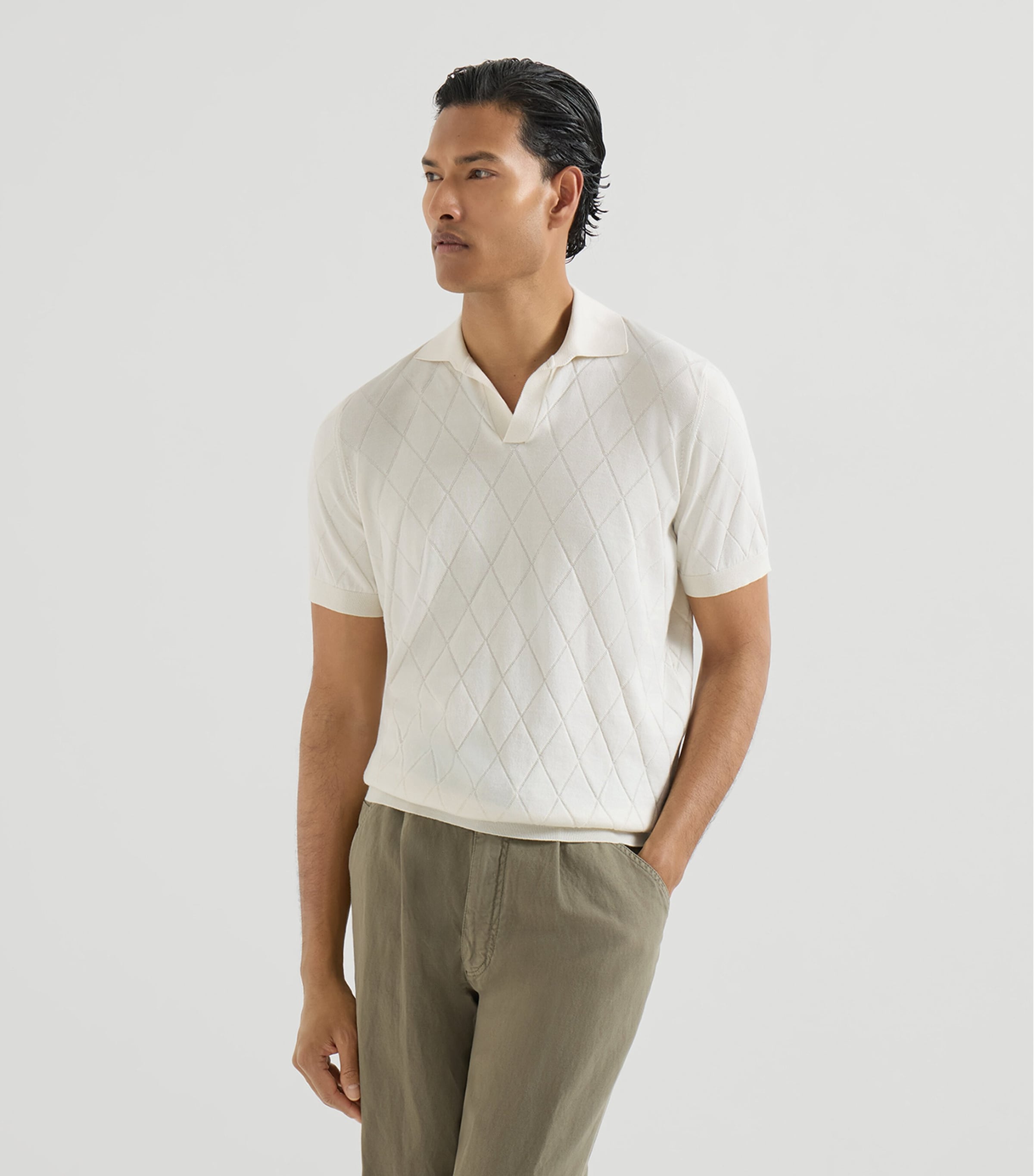 Brunello Cucinelli Mens Cotton Diamond-Knit Johnny Collar Polo Shirt Image 3