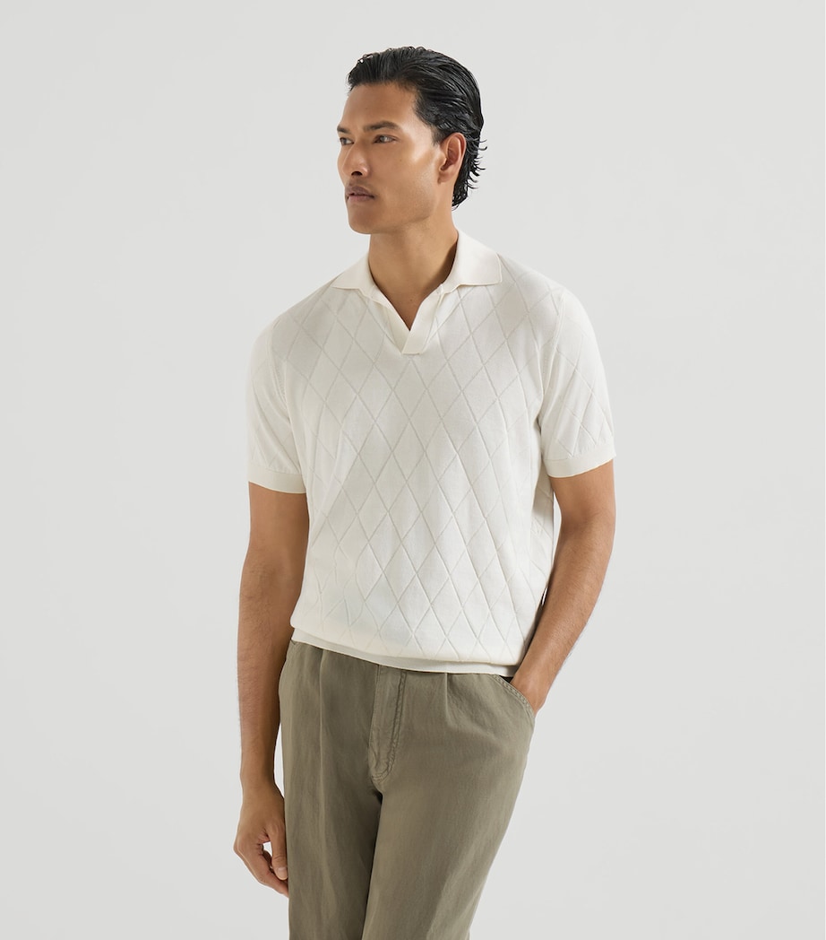 Brunello Cucinelli Mens Cotton Diamond-Knit Johnny Collar Polo Shirt Image 3