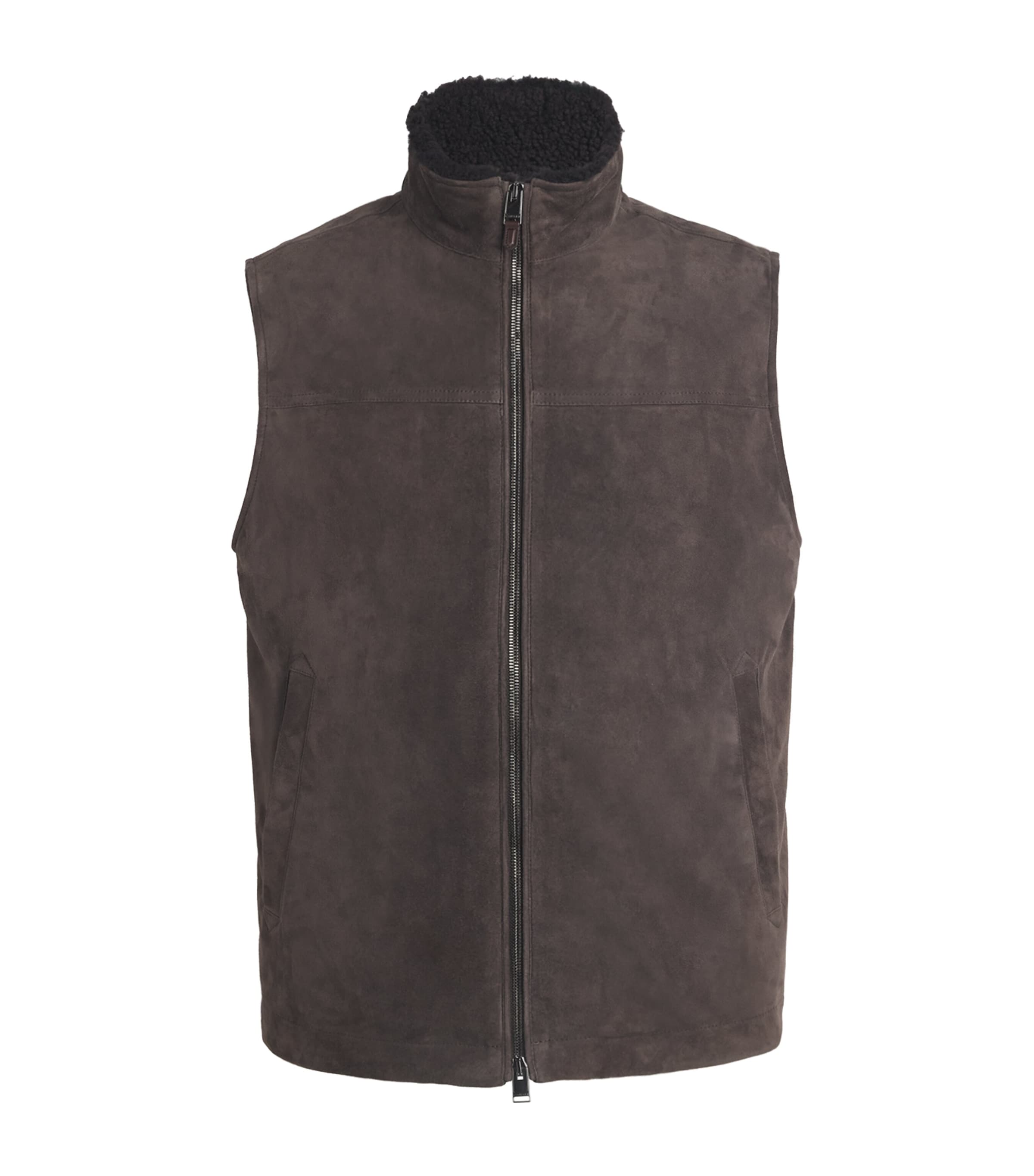 Canali Mens Suede Shearling-Collar Padded Gilet Brown Image 1
