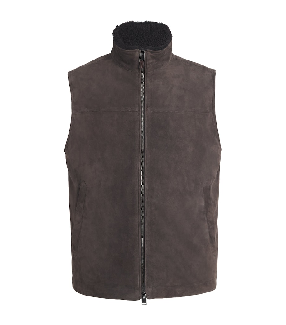 Canali Mens Suede Shearling-Collar Padded Gilet Brown Image 1