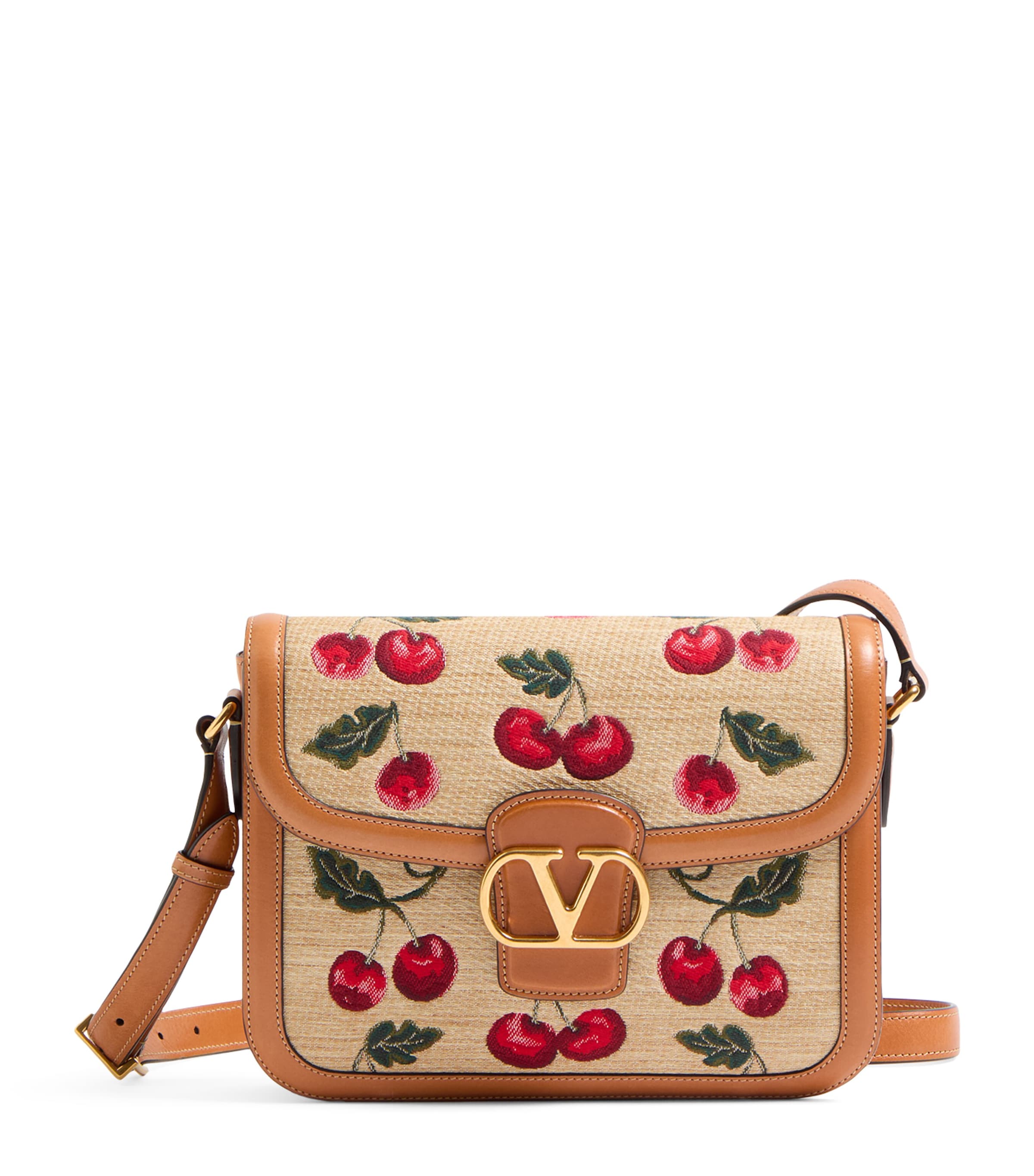 Valentino 9t05 Cherry-jacquard Raffia And Leather Cross-body Bag