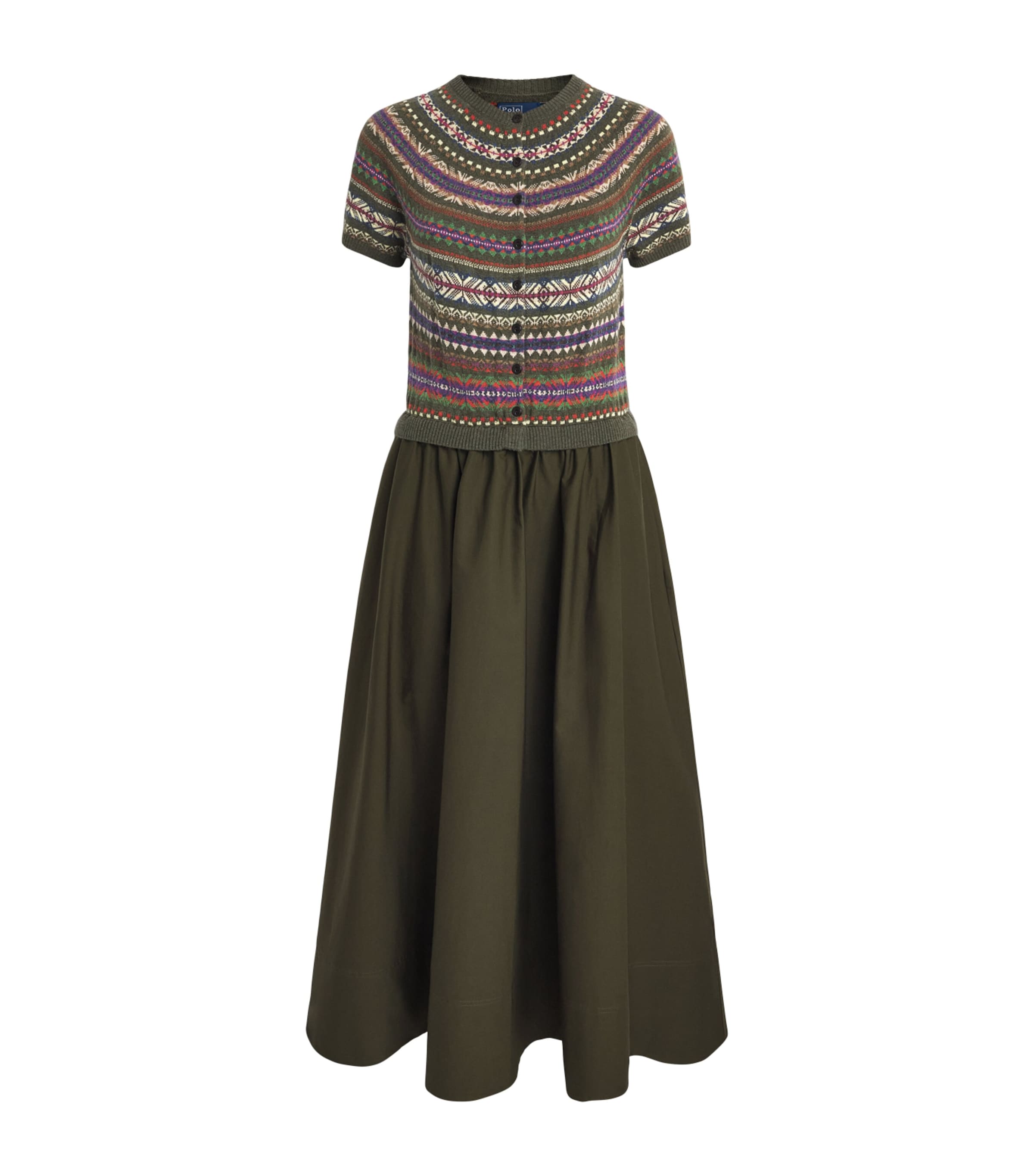 Polo Ralph Lauren Womens Fair Isle Cardigan Midi Dress Olive Multi Image 1