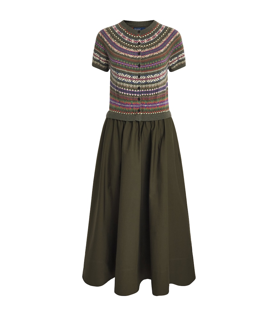 Polo Ralph Lauren Womens Fair Isle Cardigan Midi Dress Olive Multi Image 1