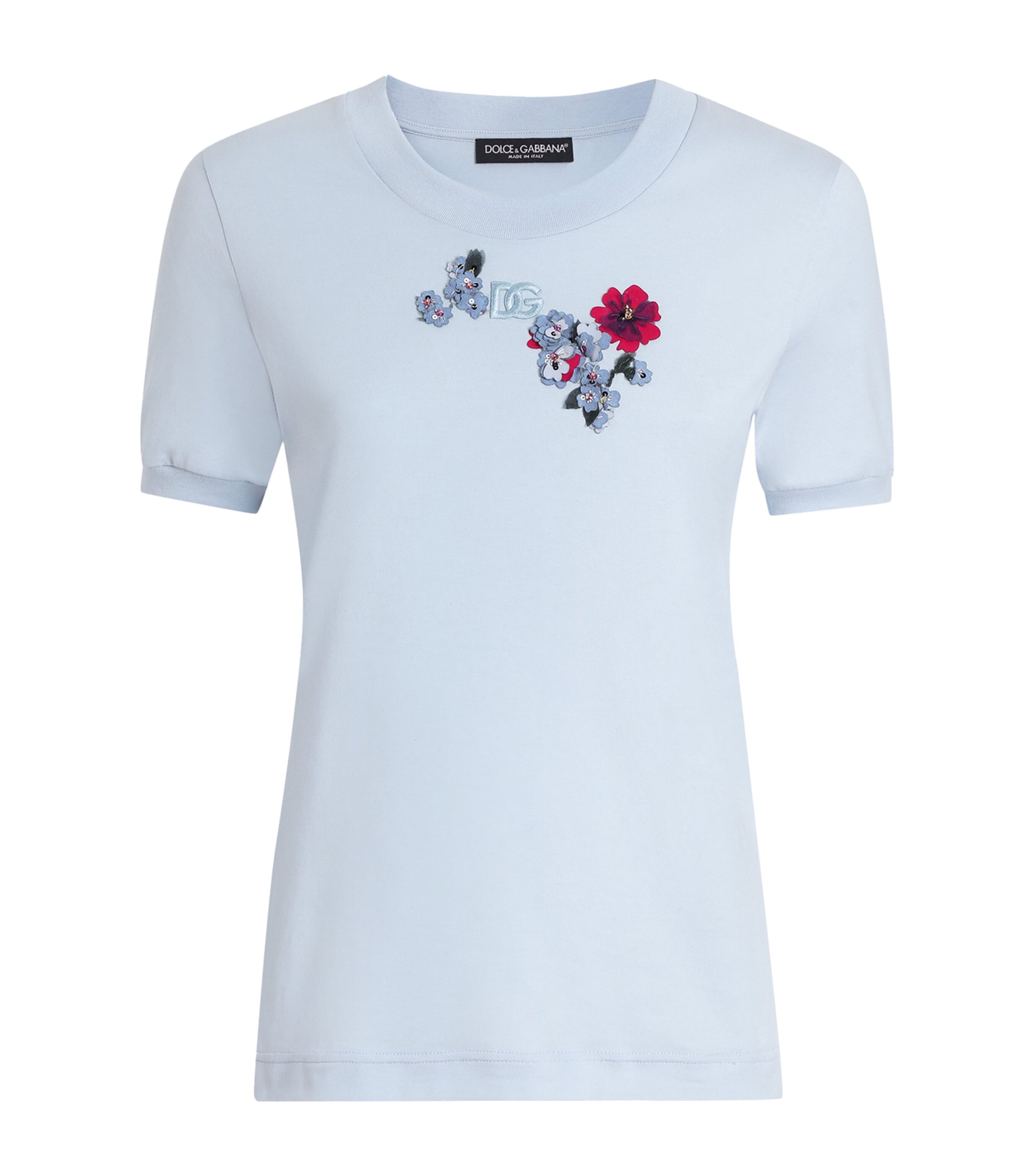 Dolce&Gabbana Womens Floral Appliqué Logo T-Shirt Sky Image 1