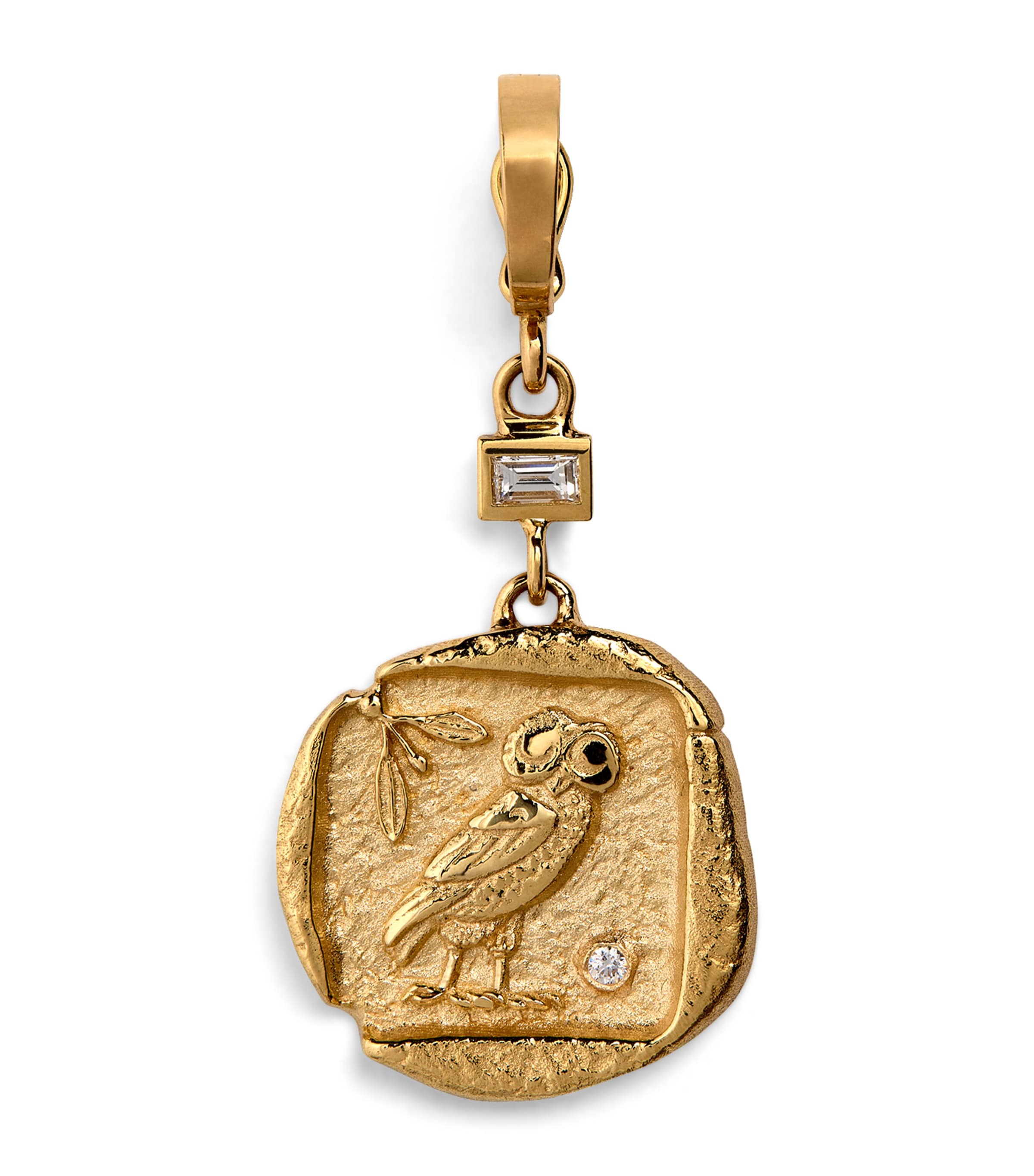 Azlee Small Yellow Gold And Diamond Owl Of Athena Coin Charm