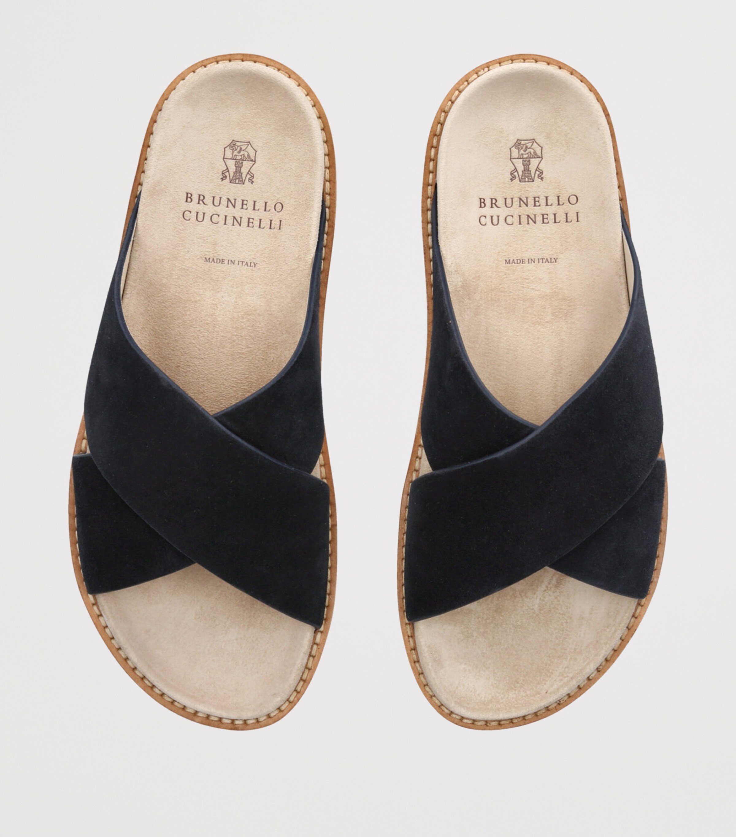 Brunello Cucinelli Navy Suede Crossover Sandals | Harrods US
