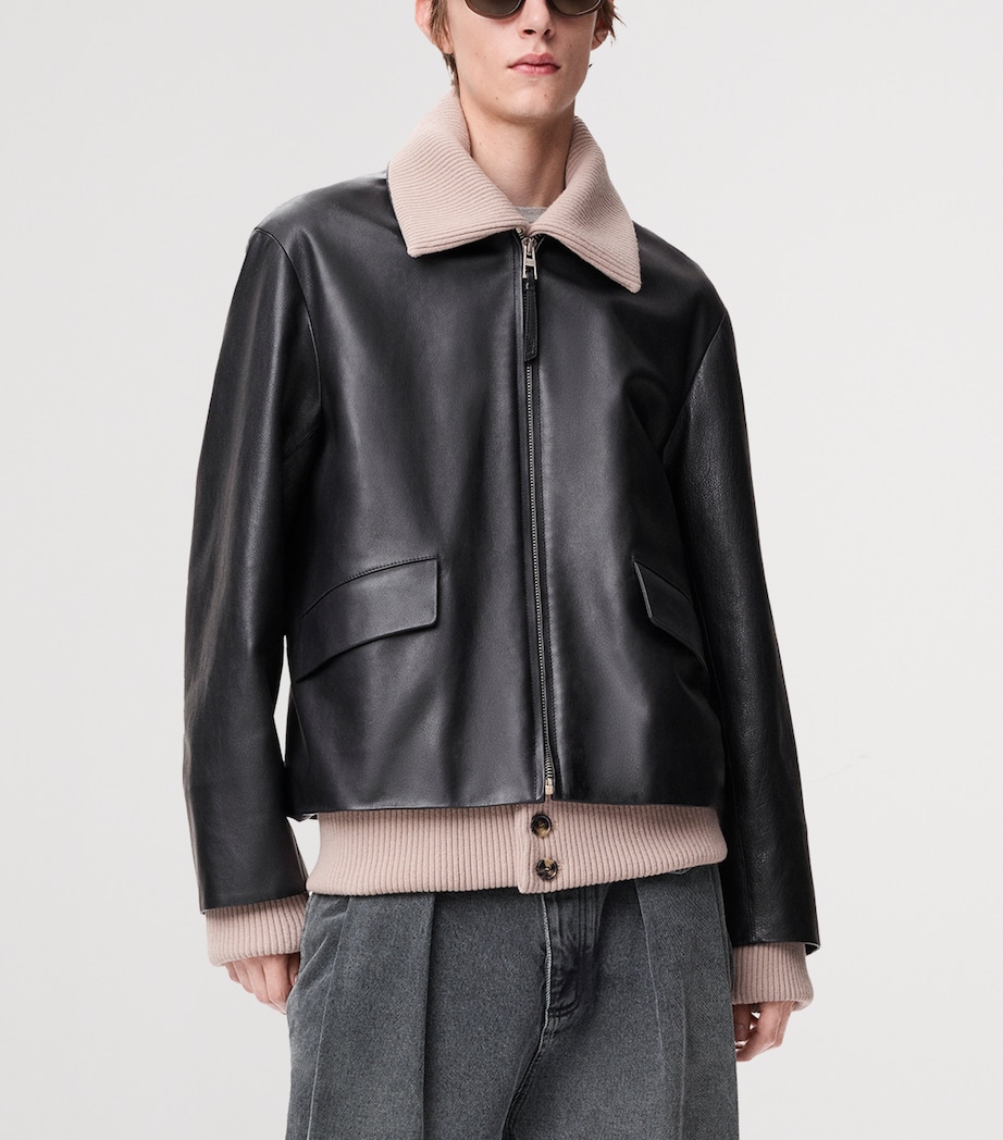 Rib-Trim Leather Jacket BLACK Image 3