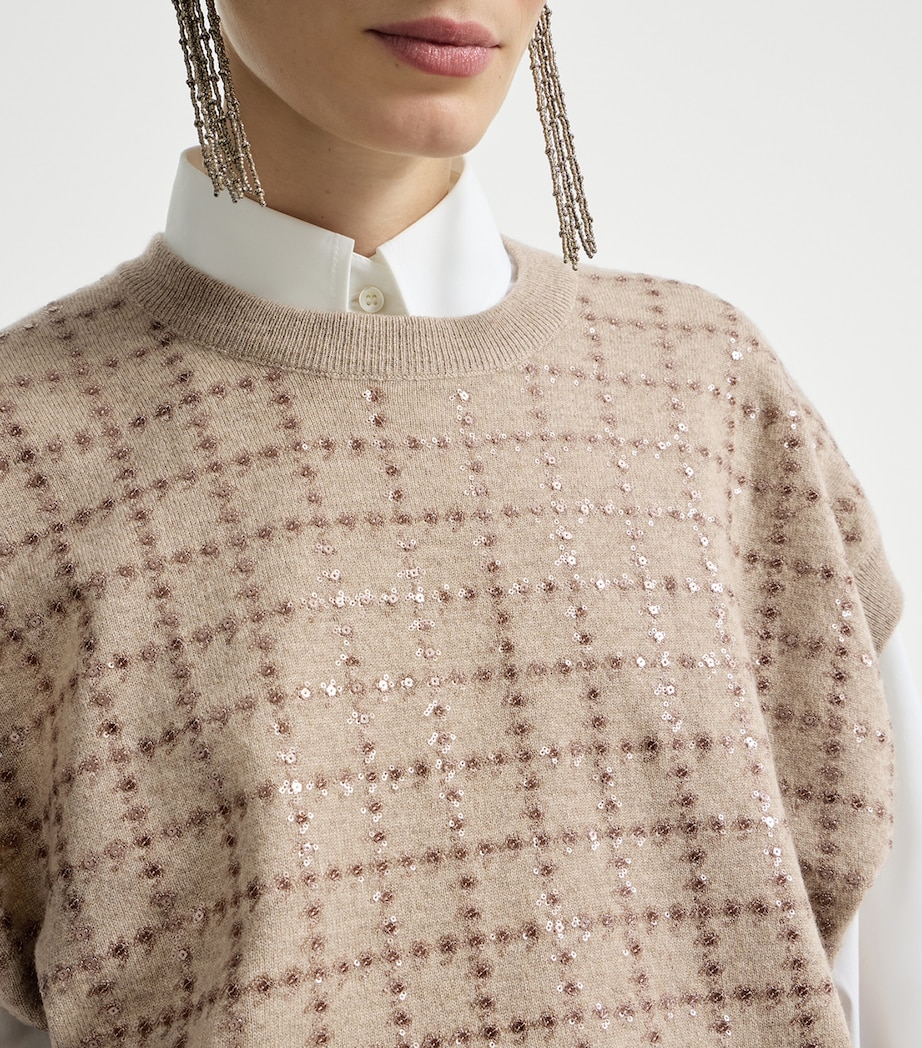 Brunello Cucinelli Womens Cashmere Sequin Check Knit T-Shirt Brown Image 5