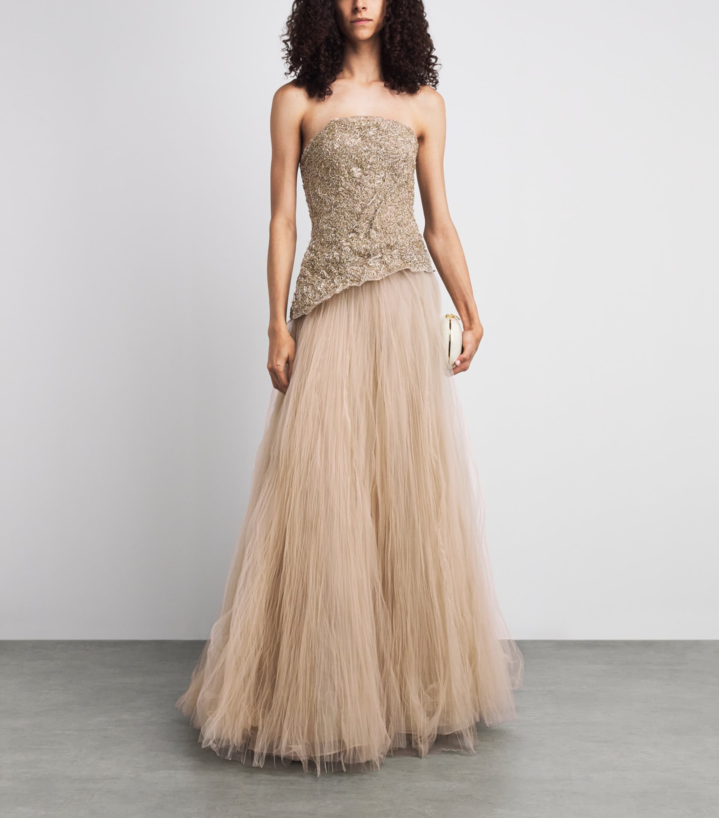 Marmar Halim Womens Tulle Strapless Gown Gold Image 2