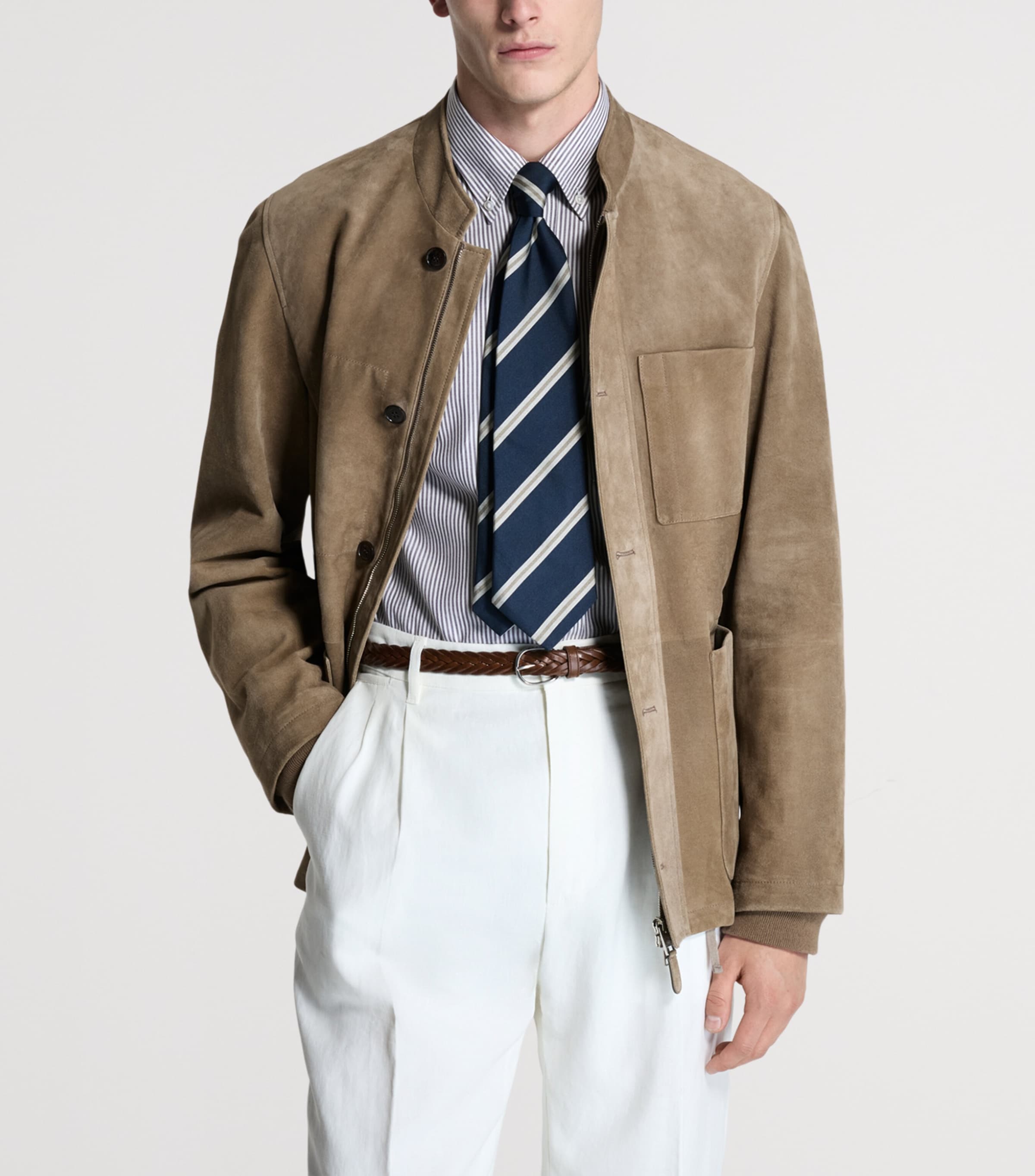 Dunhill Mens Leather Three-Pocket Jacket Khaki Image 4