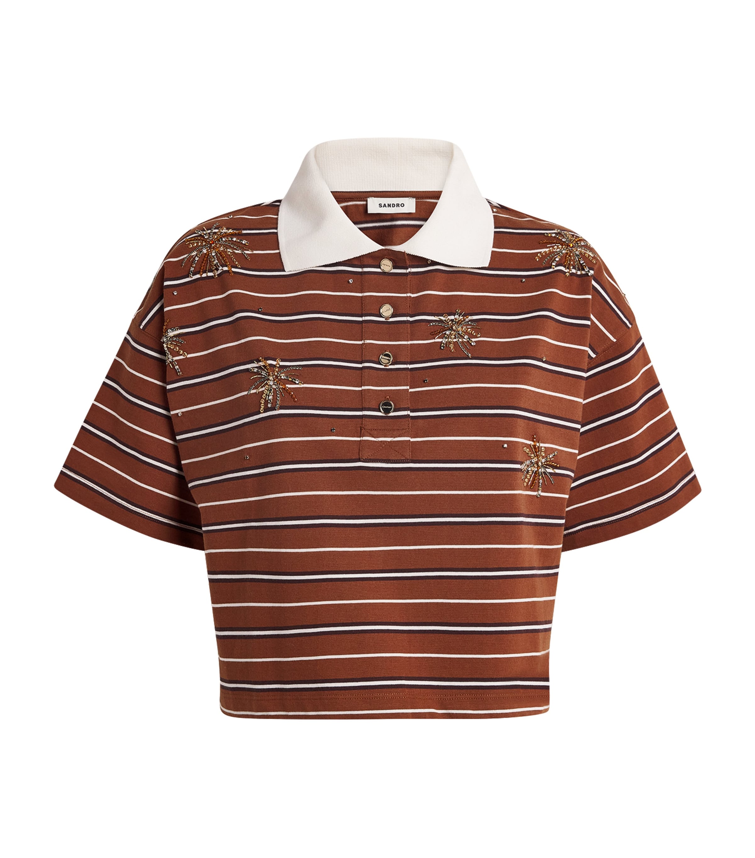 Sandro Womens Brown Striped Polo-collar Cotton-jersey T-shirt In Multi