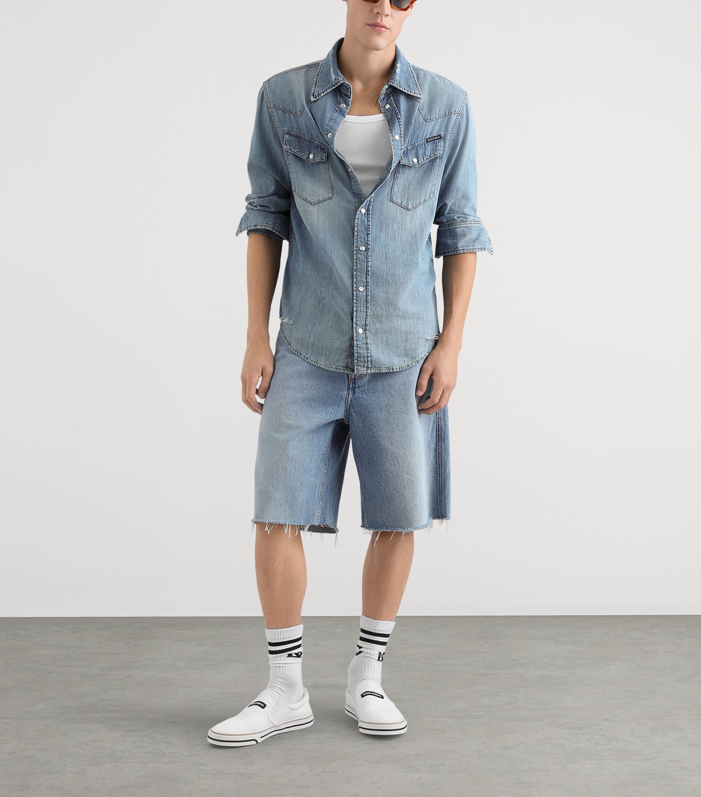 Dolce&Gabbana Mens Distressed Denim Shirt Combined Colo Image 2