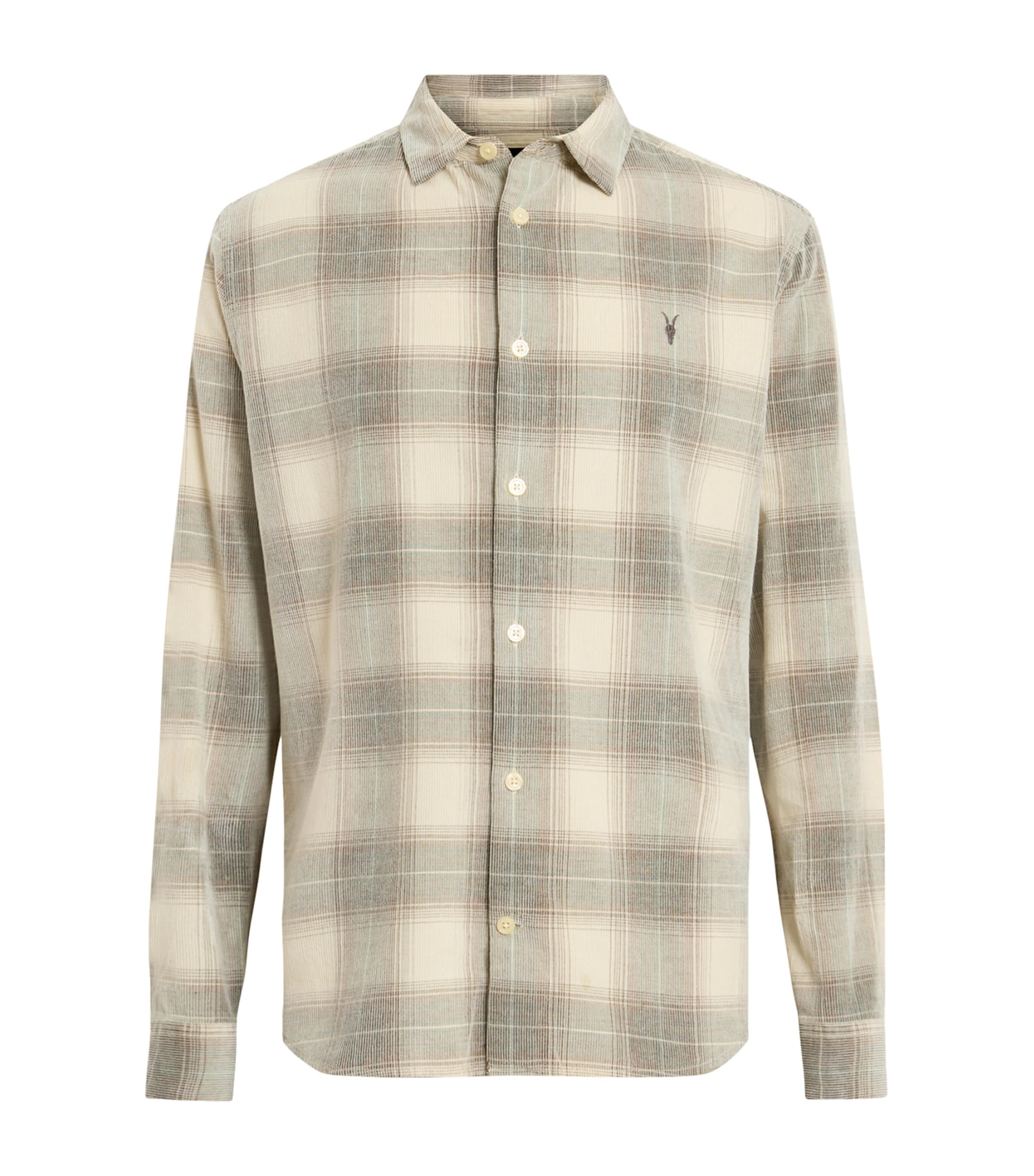 Allsaints Mens Sandshell Taup Yuki Logo-embroidered Checked Cotton Shirt In Gray