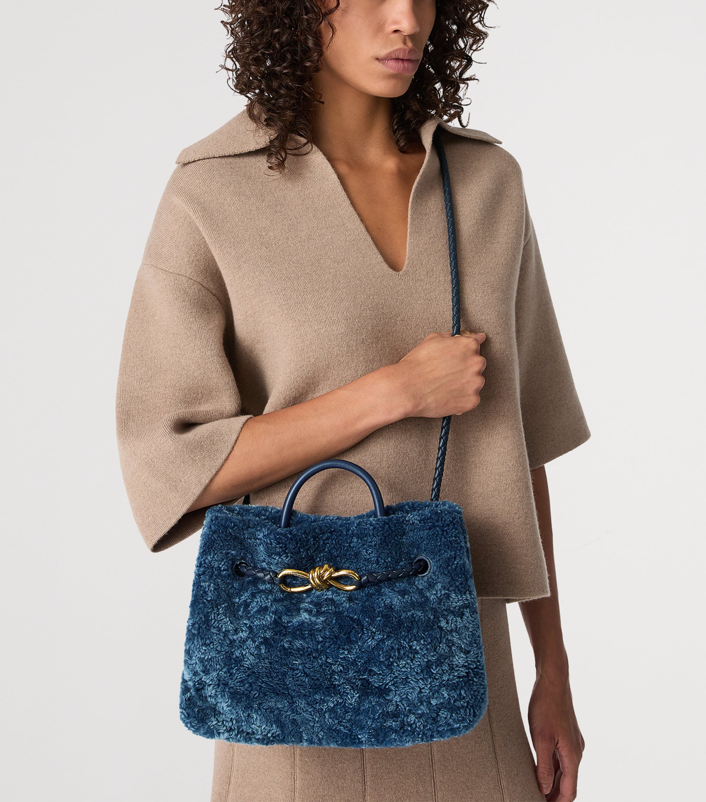 Bottega Veneta Blue Small Shearling Andiamo Shoulder Bag | Harrods US