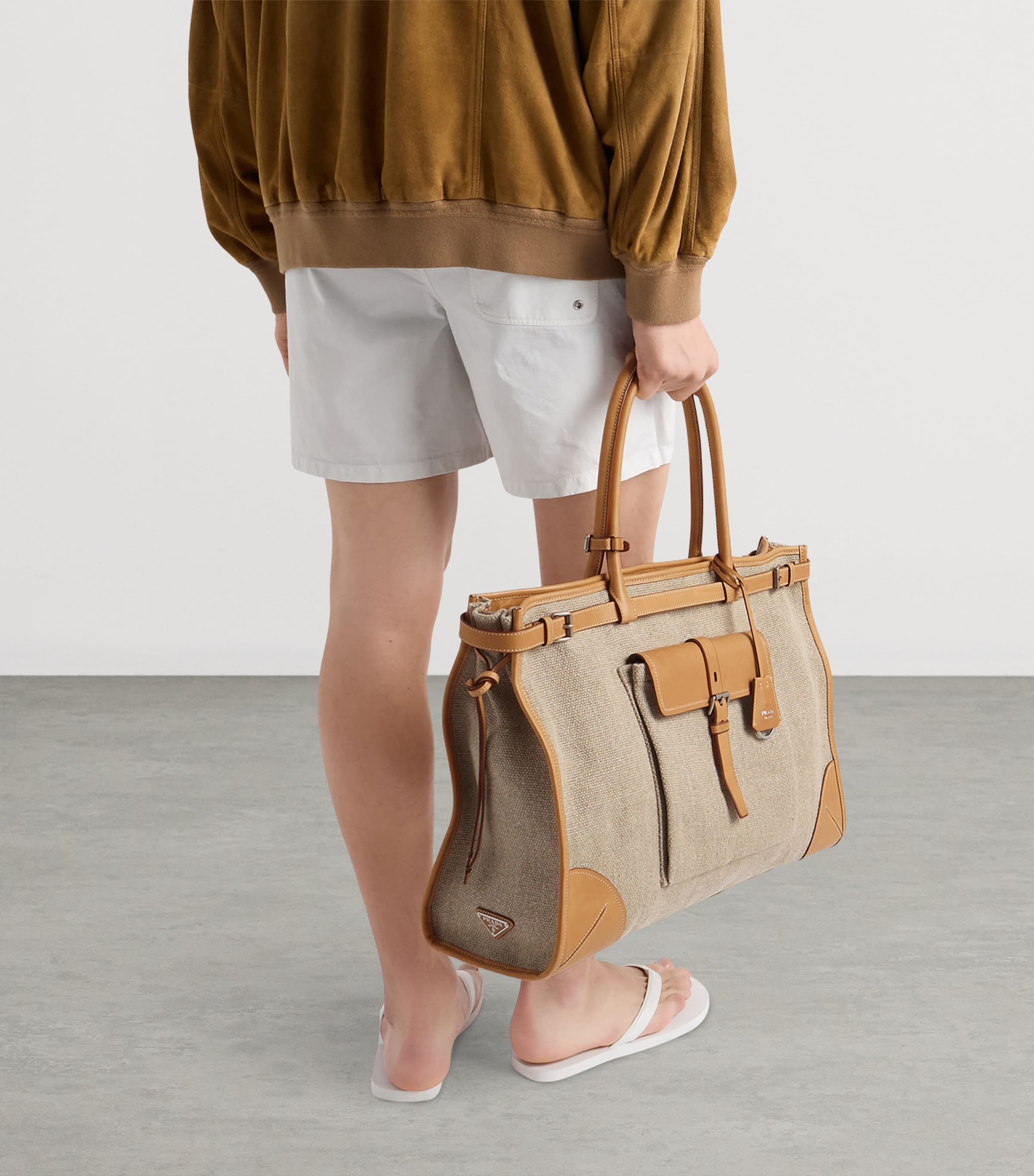 Prada Linen-Leather Route Tote Bag Neutral Image 3