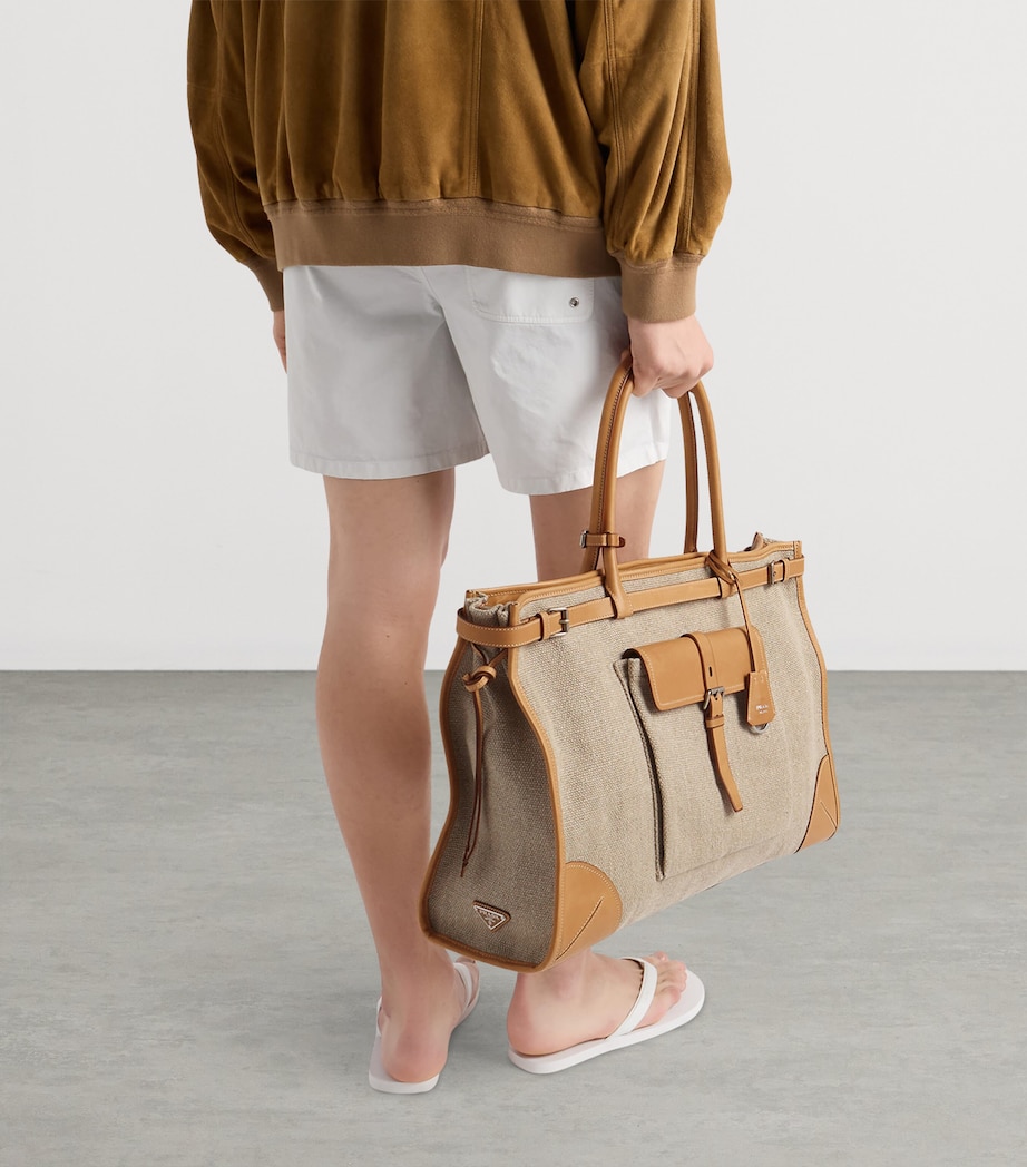 Prada Linen-Leather Route Tote Bag Neutral Image 3