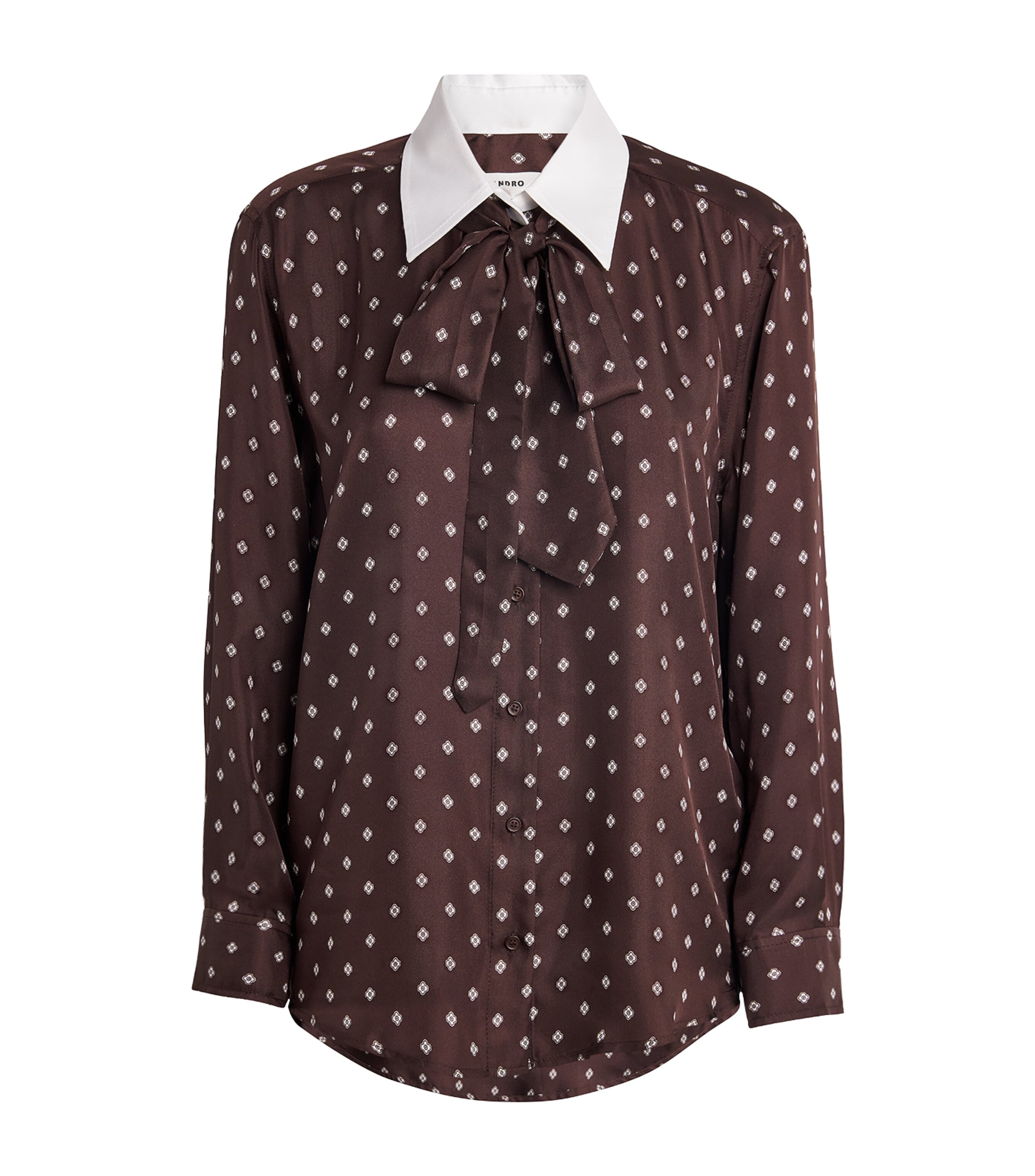 Sandro Geometric-print Tie-neck Shirt In Brown