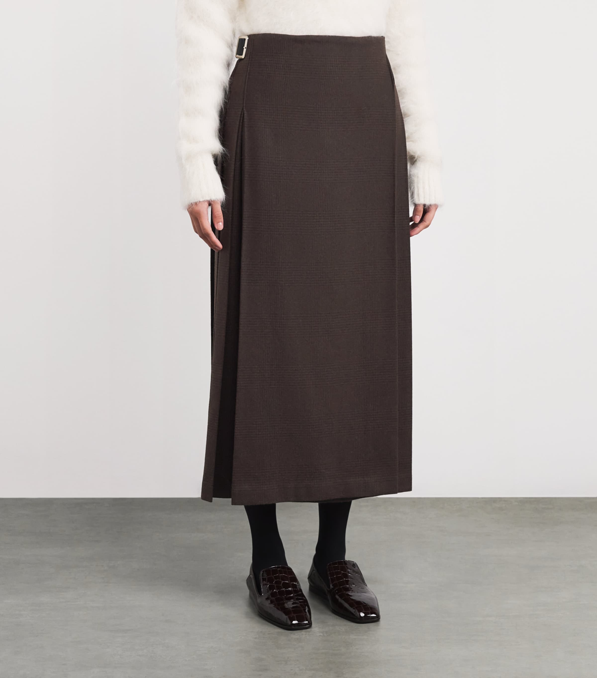 x Le Kilt Wool-Cashmere Tailored Midi Skirt RU7751BRWN SHDW CHCK Image 3