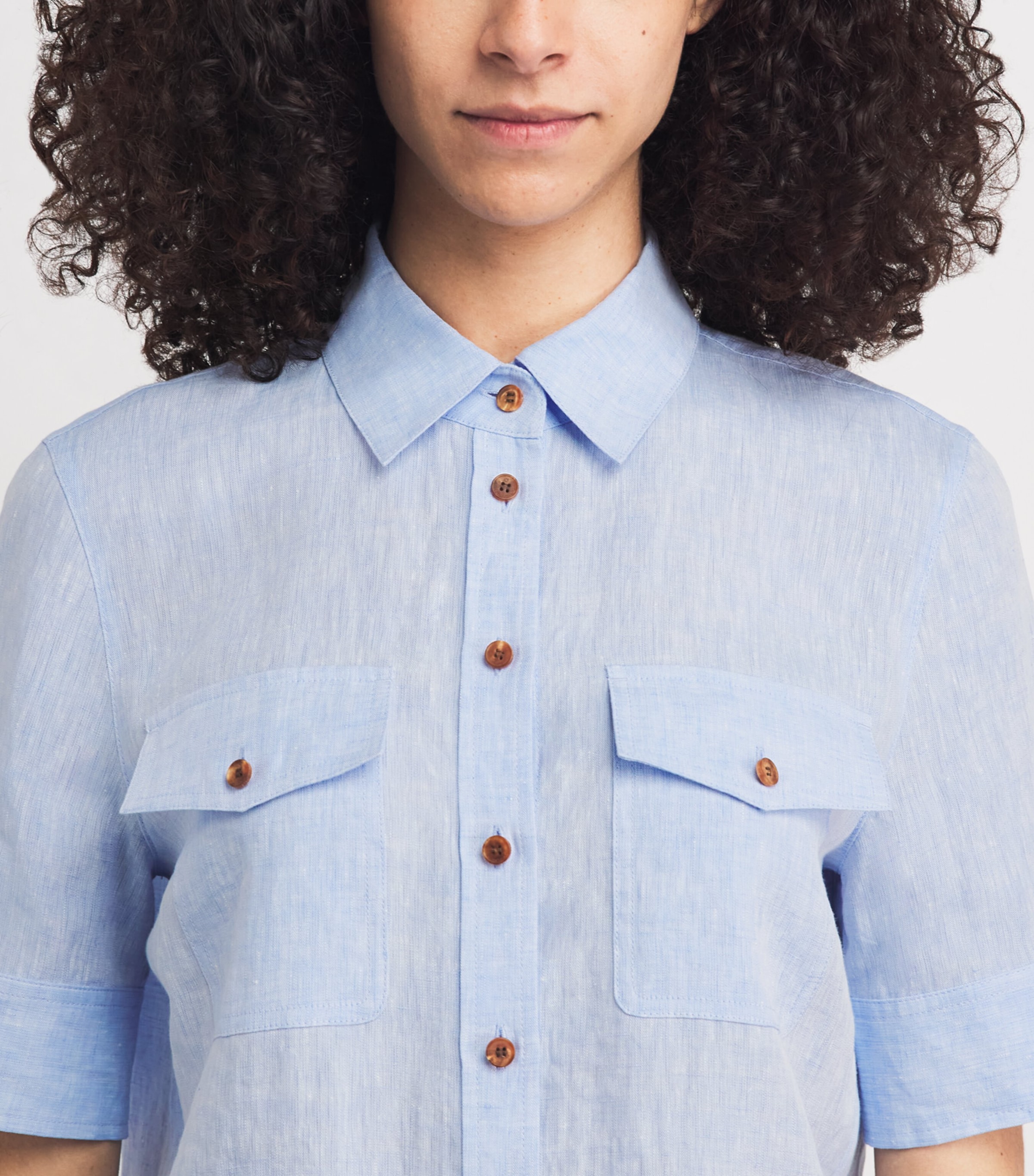 Lafayette 148 Womens Linen Twin-Pocket Shirt Delme Delph Blu Mlng Image 3