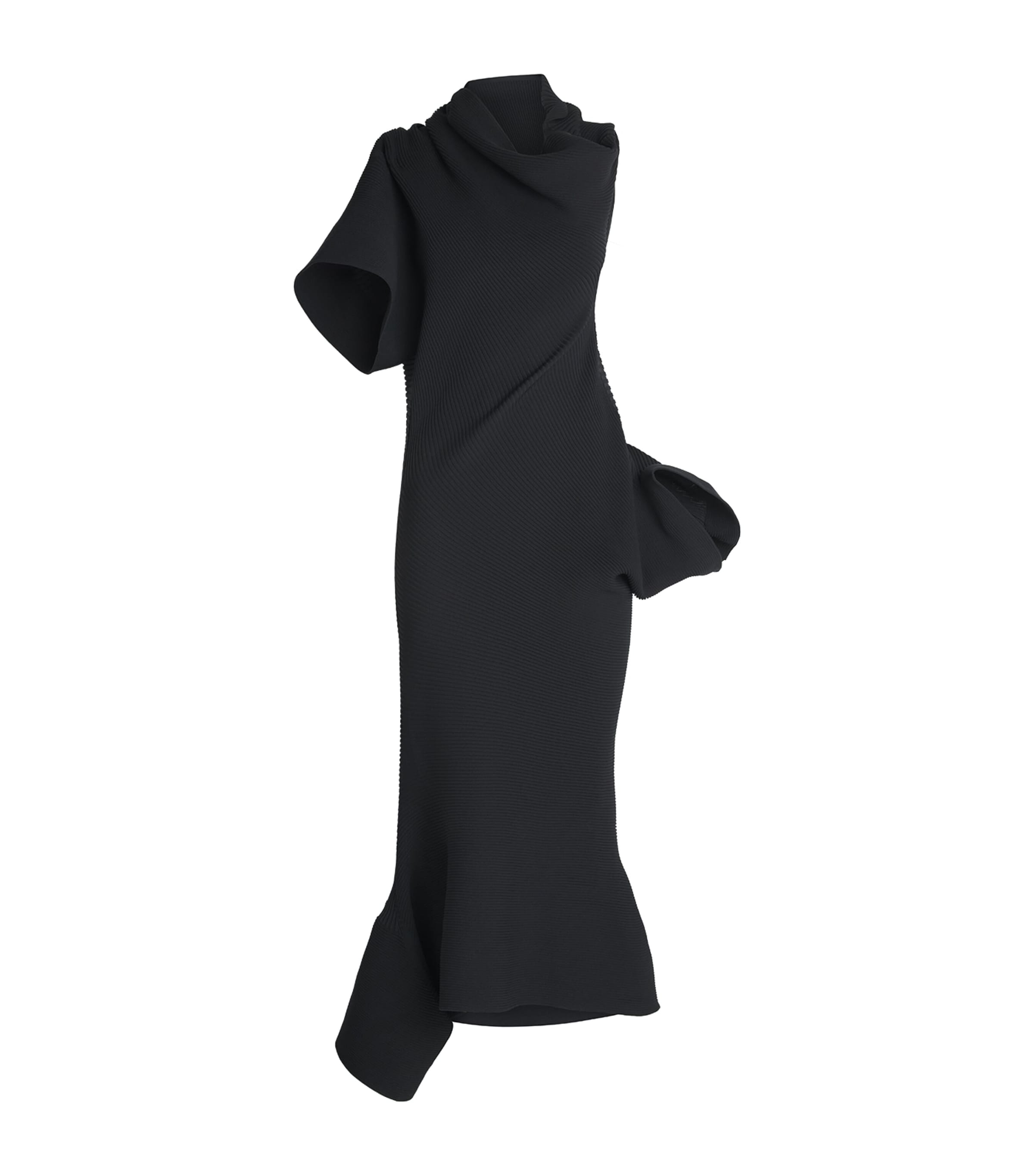 anthropologie black cocktail dress Black Midi Dress Asymmetric Shoulder Mesh Ruffle