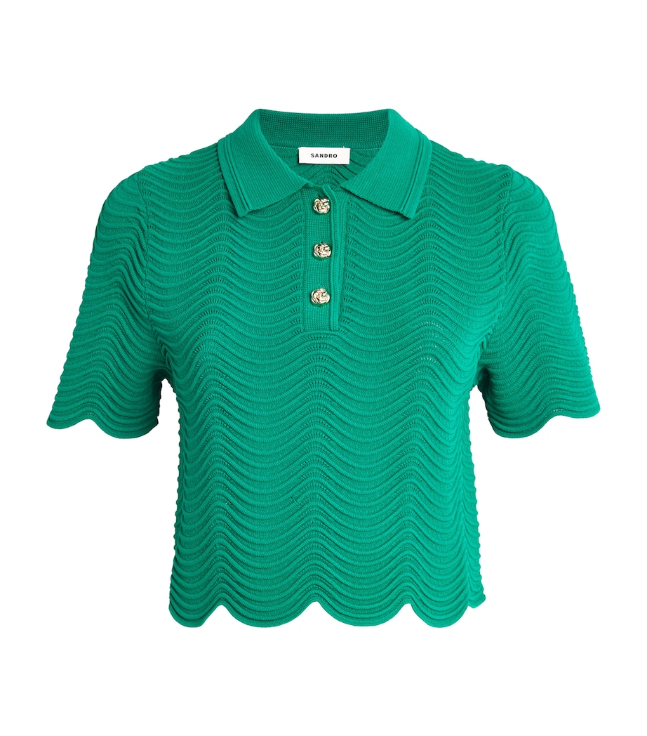 Sandro Paris Womens Scalloped Polo Sweater Emeuraude Green Image 1