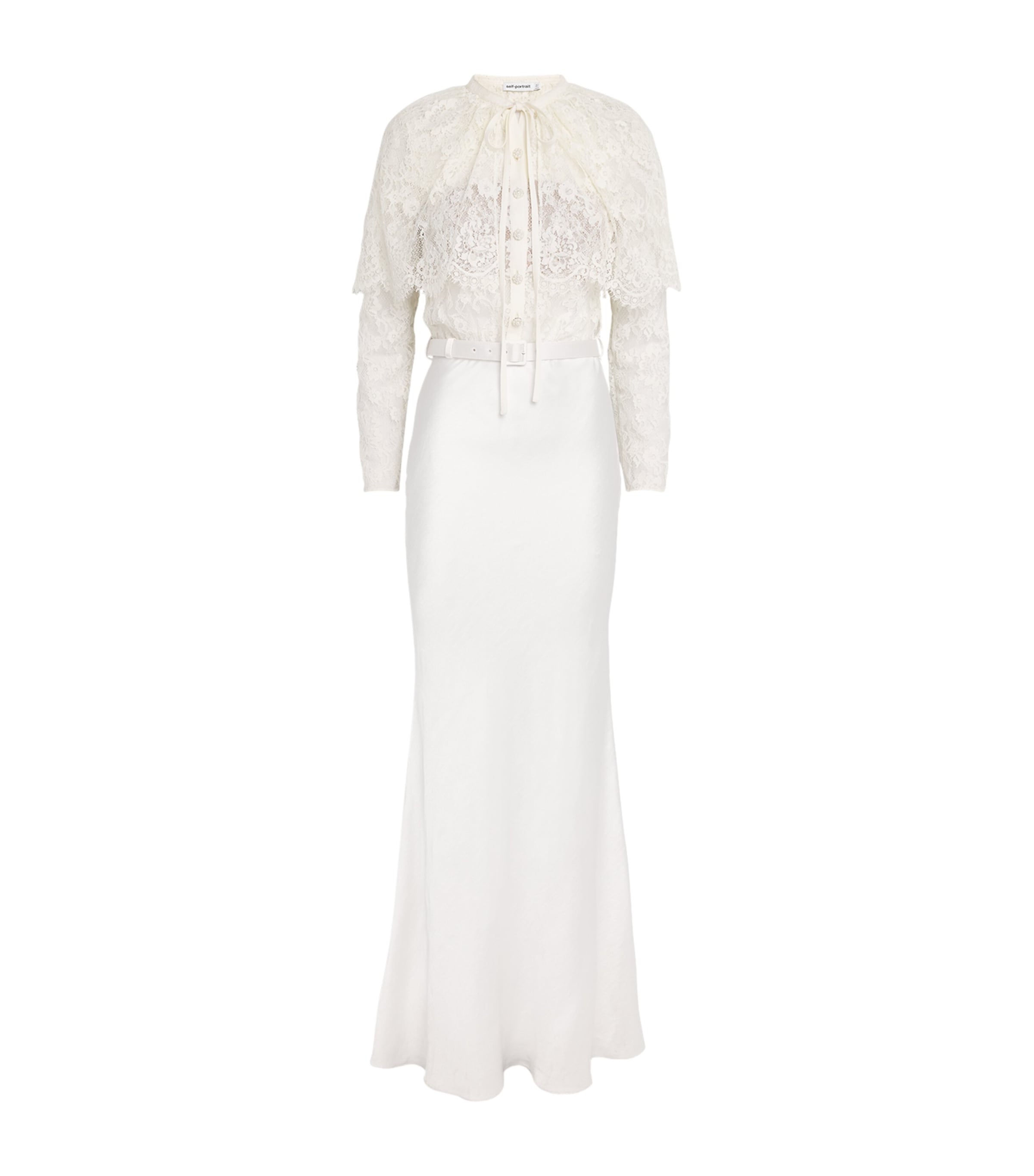 Self-portrait Caped Lace And Satin Maxi Dress In White