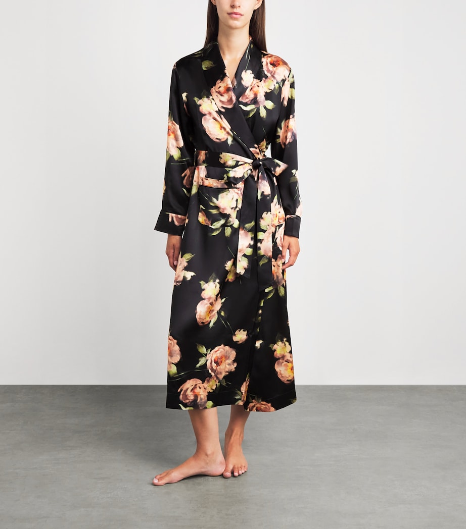 Harrods Womens Silk Midnight Rose Night Robe Black Image 2