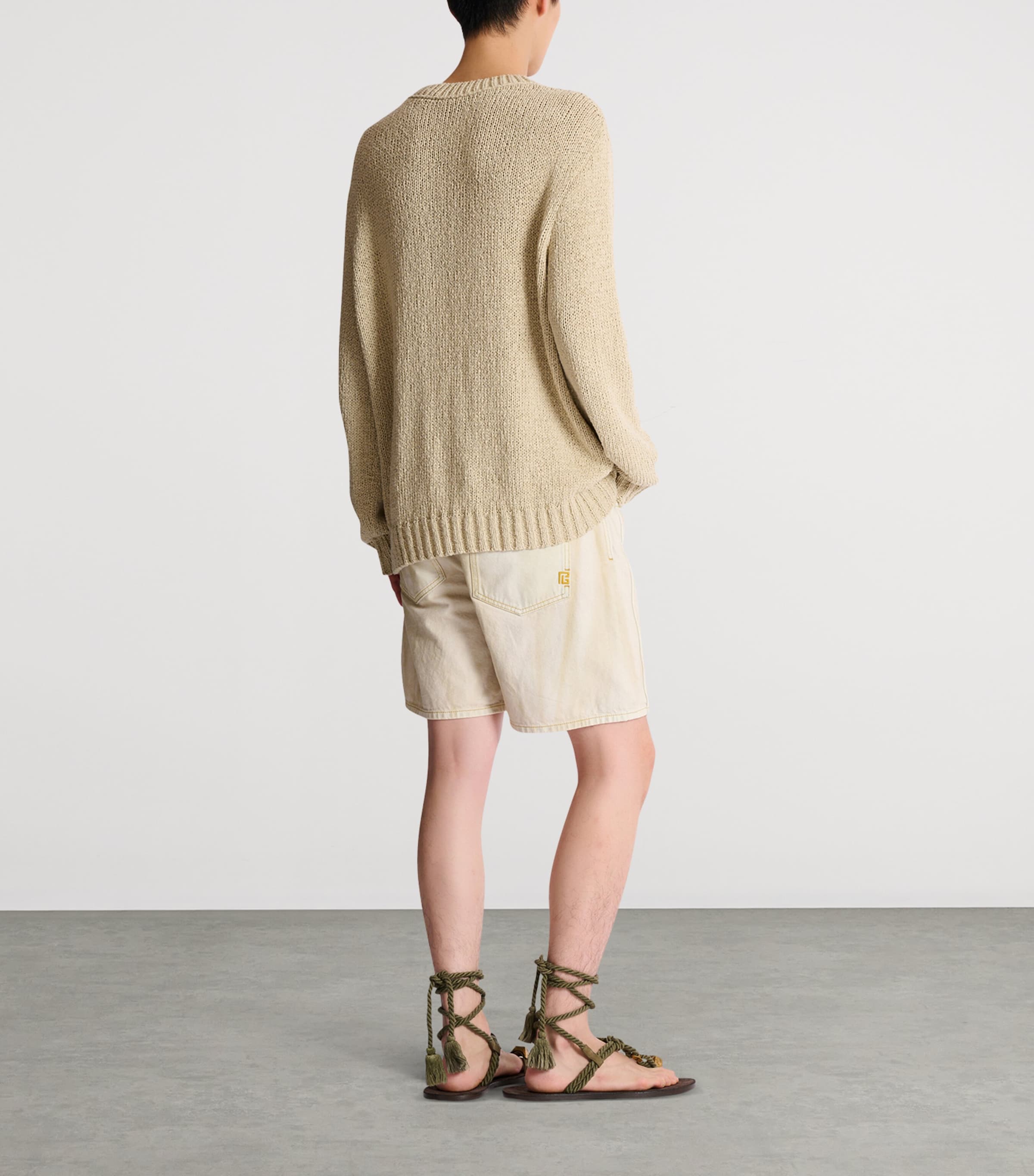 Balmain Mens Cotton Crew-Neck Sweater Beige Foncé Image 3