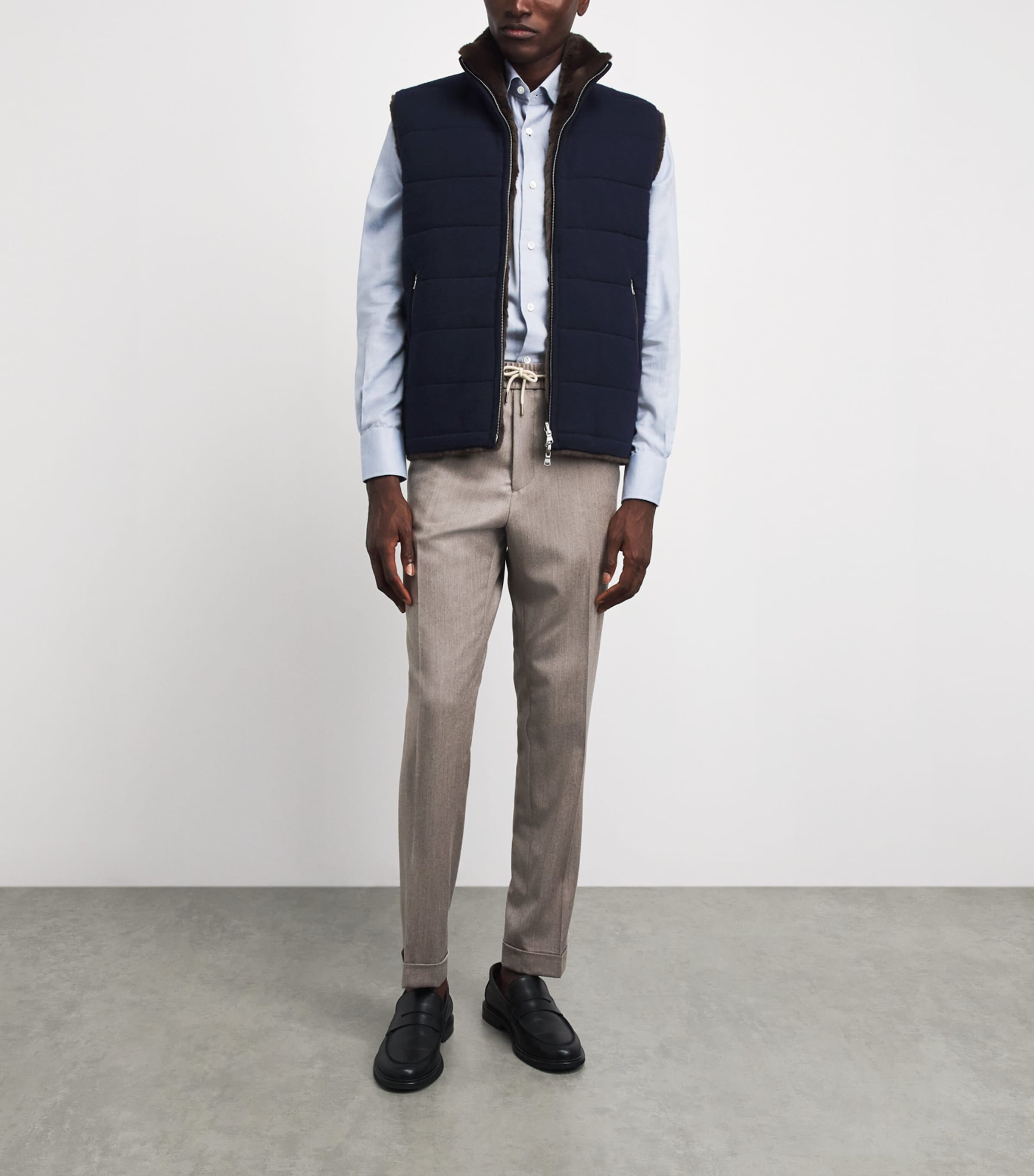 N.Peal Mens Cashmere Fur-Lined Gilet Navy Chocolate Fur Image 2