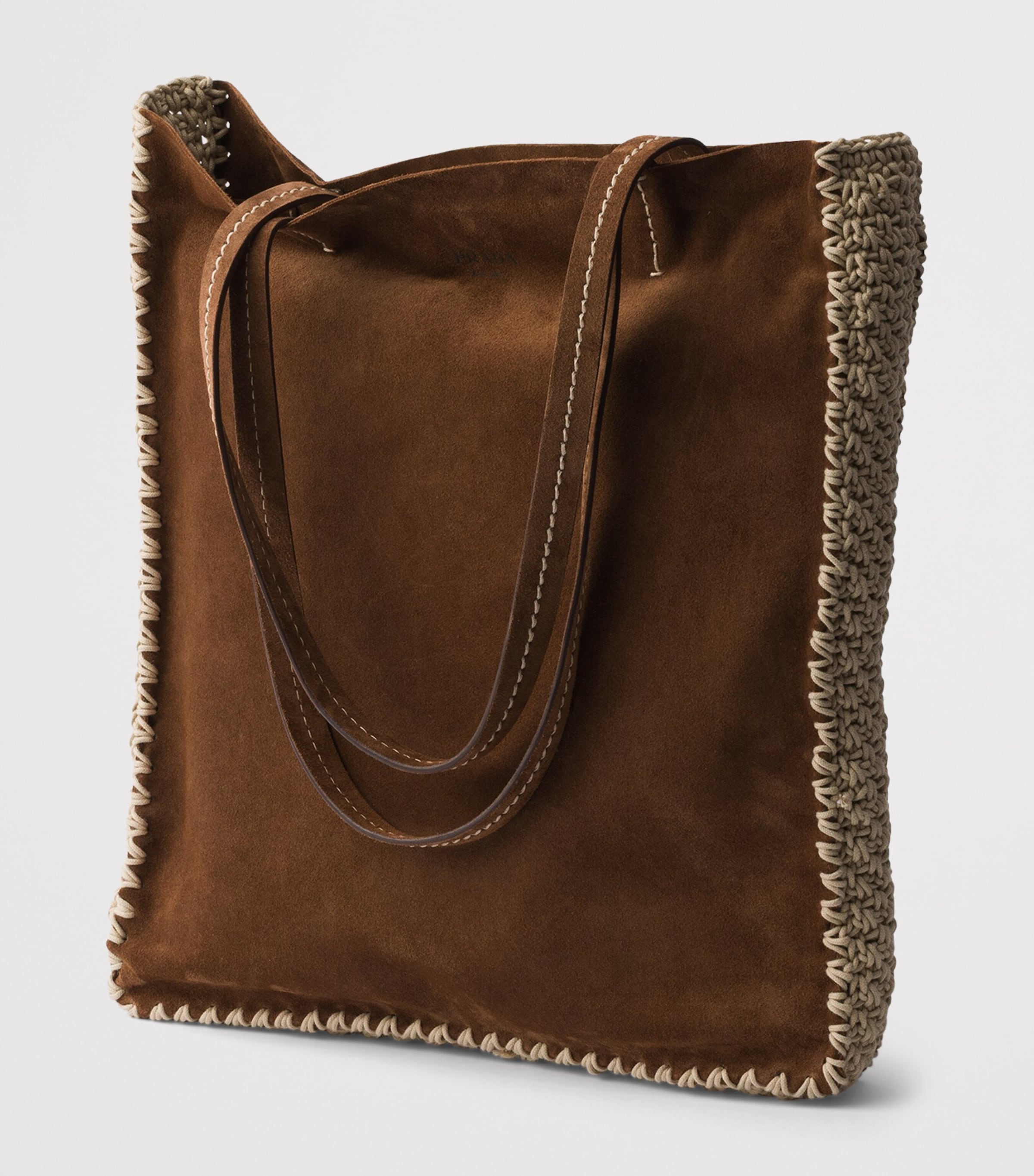 Prada Womens Large Leather-Crochet Tote Bag Brown Image 2